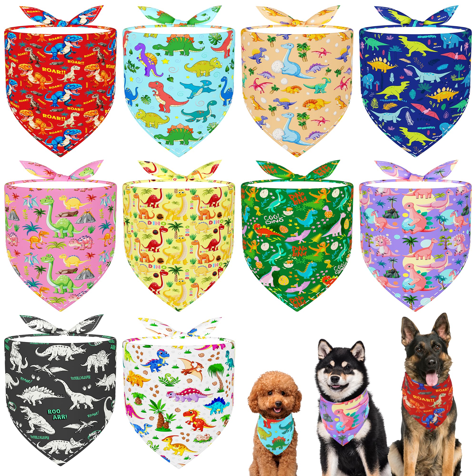 JpGdn 10PCS Dinosaur Dog Bandanas Pack for Medium Breed Dog Pink Purple Yellow Blue Kerchief Triangle Bibs Scarves for Boys and Girls Grooming Costume