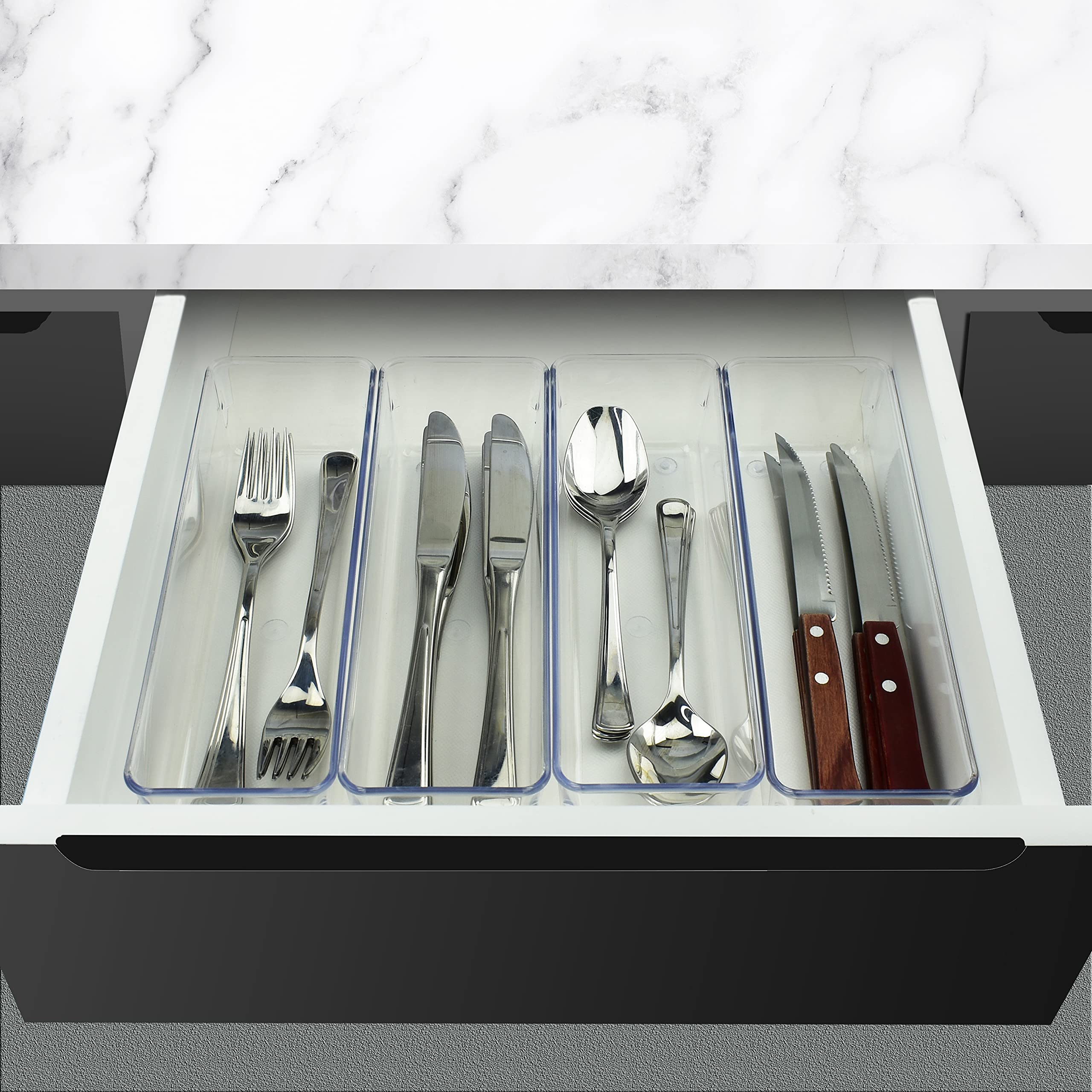 Acrimet Organizador de Cajón Modular, Bandejas de Almacenamiento en Caja para Oficina, Hogar, Maquillaje, Cocina, Cajón de Trastos (4 Piezas) (Plástico Transparente de Cristal)