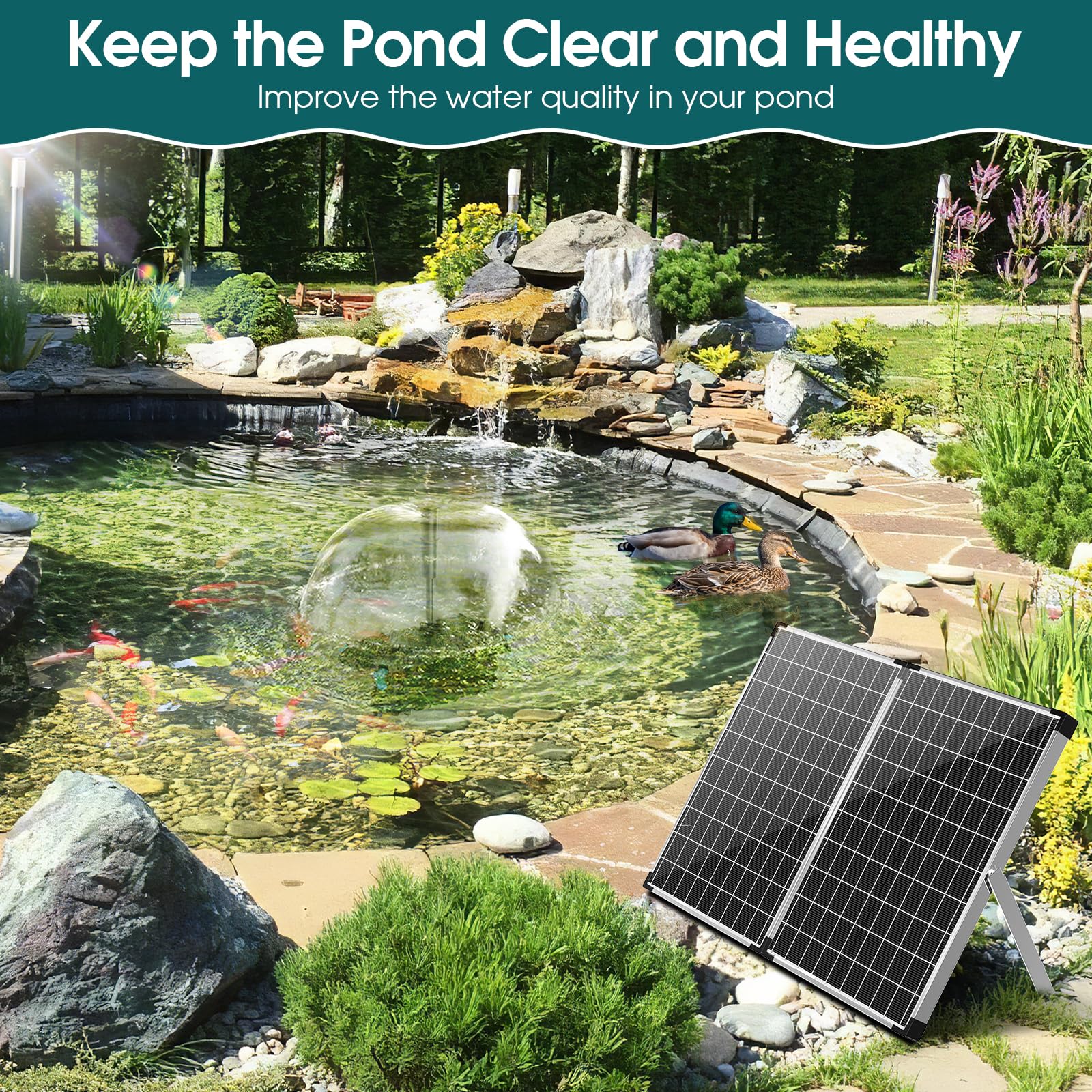 Antfraer 55W Solar Teichfilter, Solar Springbrunnenpumpe mit Teichfilter Kit Einstellbarer Durchfluss, Teichfilterbox mit Filtermedien für Außenteiche Fischtank Pool Wasserfall Koi Teich Wasserspiele