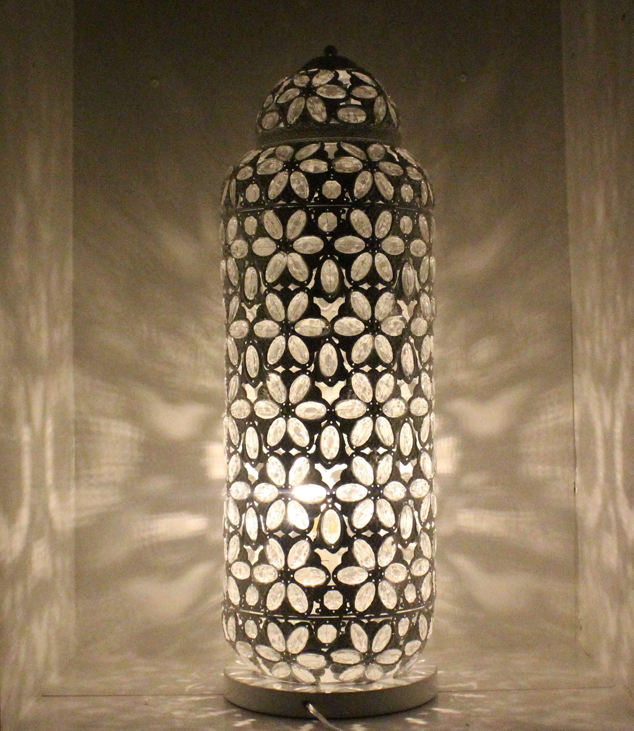 Large Moroccan Floor Lamp - 65cm x 19cm - White&Clear Jewels Stylish Cutwork Jeweled Floor Light with Clear Acrylic Beads