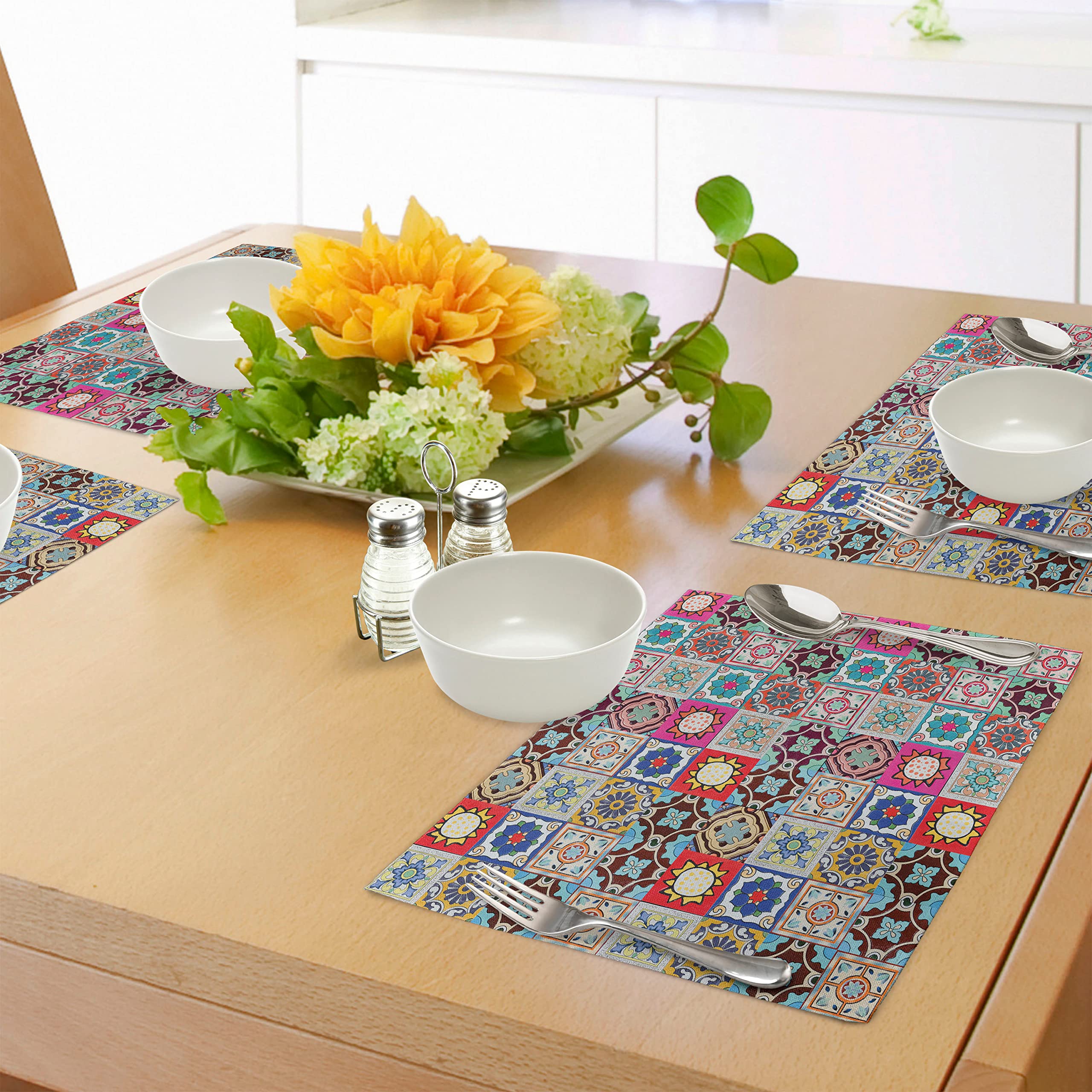 ABAKUHAUS Oriente Tovaglietta Americana Set di 4, Modello Mosaico Orientale, Tovagliette in Tessuto Lavabile per Tavolo da Pranzo Cena, Blue Orange Bianco
