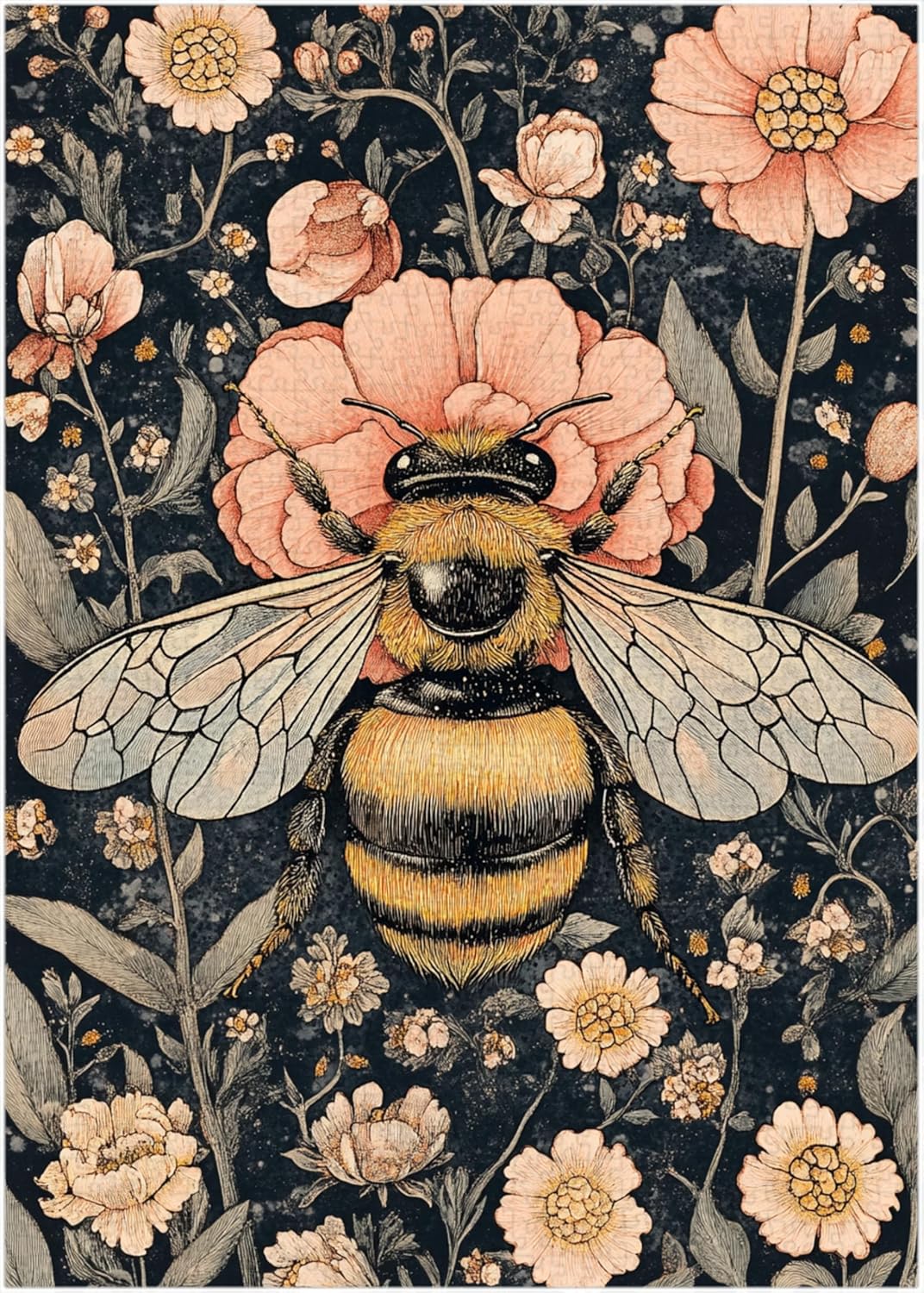 Vintage Floral Bee Jigsaw Puzzle 300/500/1000 Piece, William Morris Style Flower Pattern Puzzles (1000pc (50×75cm))