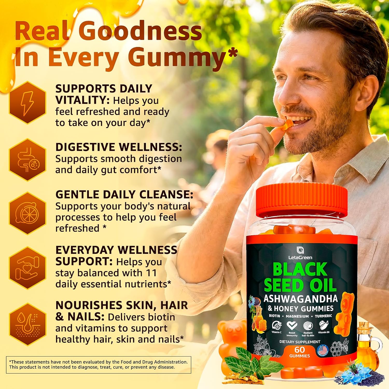 Black Seed Oil Gummies 500mg with Ashwagandha & Apple Cider Vinegar - Immune & Wellness Support Supplement with Vitamin C, Biotin, Turmeric - 60 Organic Gummy Bears for Hair & Skin