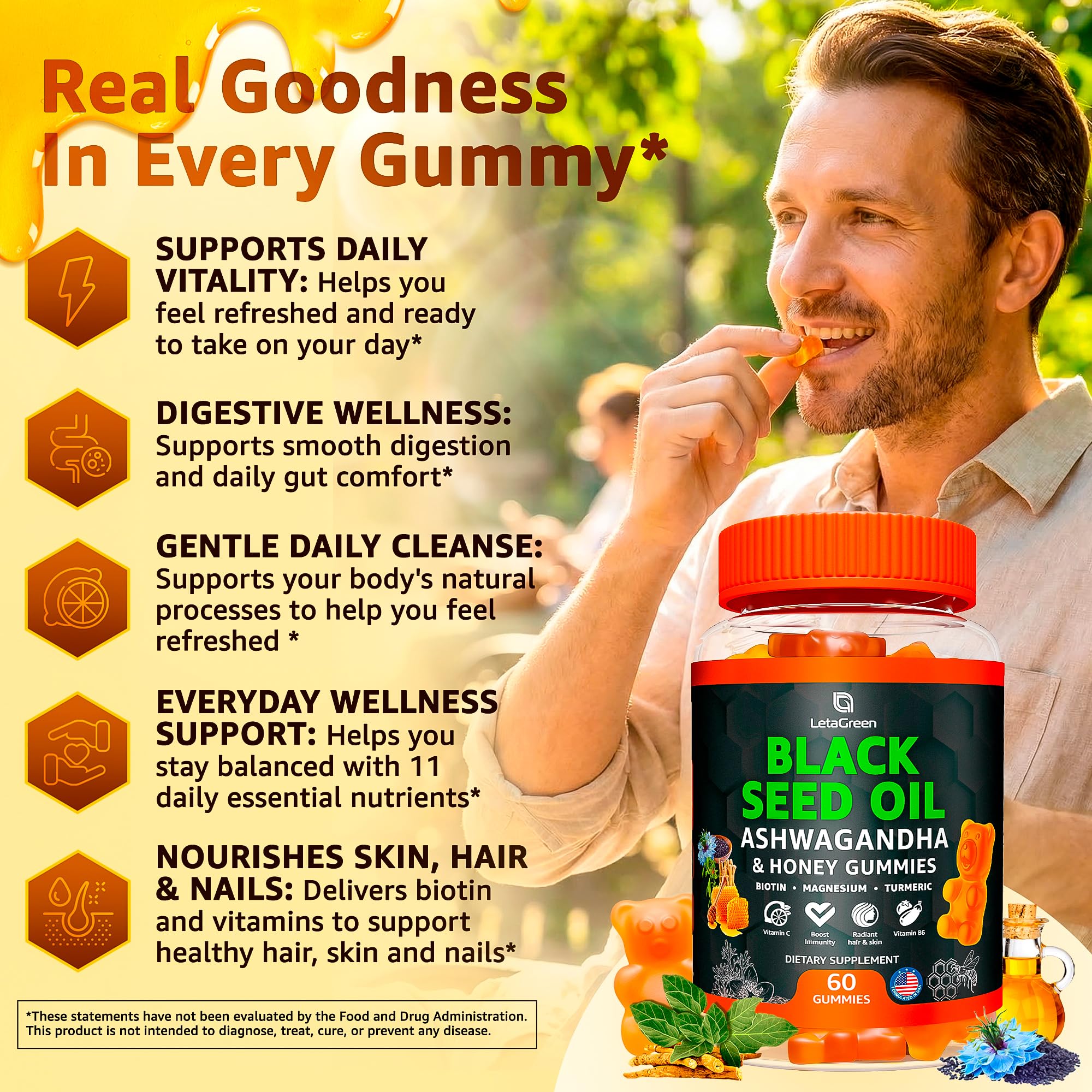 Black Seed Oil Gummies 500mg with Ashwagandha & Apple Cider Vinegar - Immune & Wellness Support Supplement with Vitamin C, Biotin, Turmeric - 60 Organic Gummy Bears for Hair & Skin — Amazon image 4