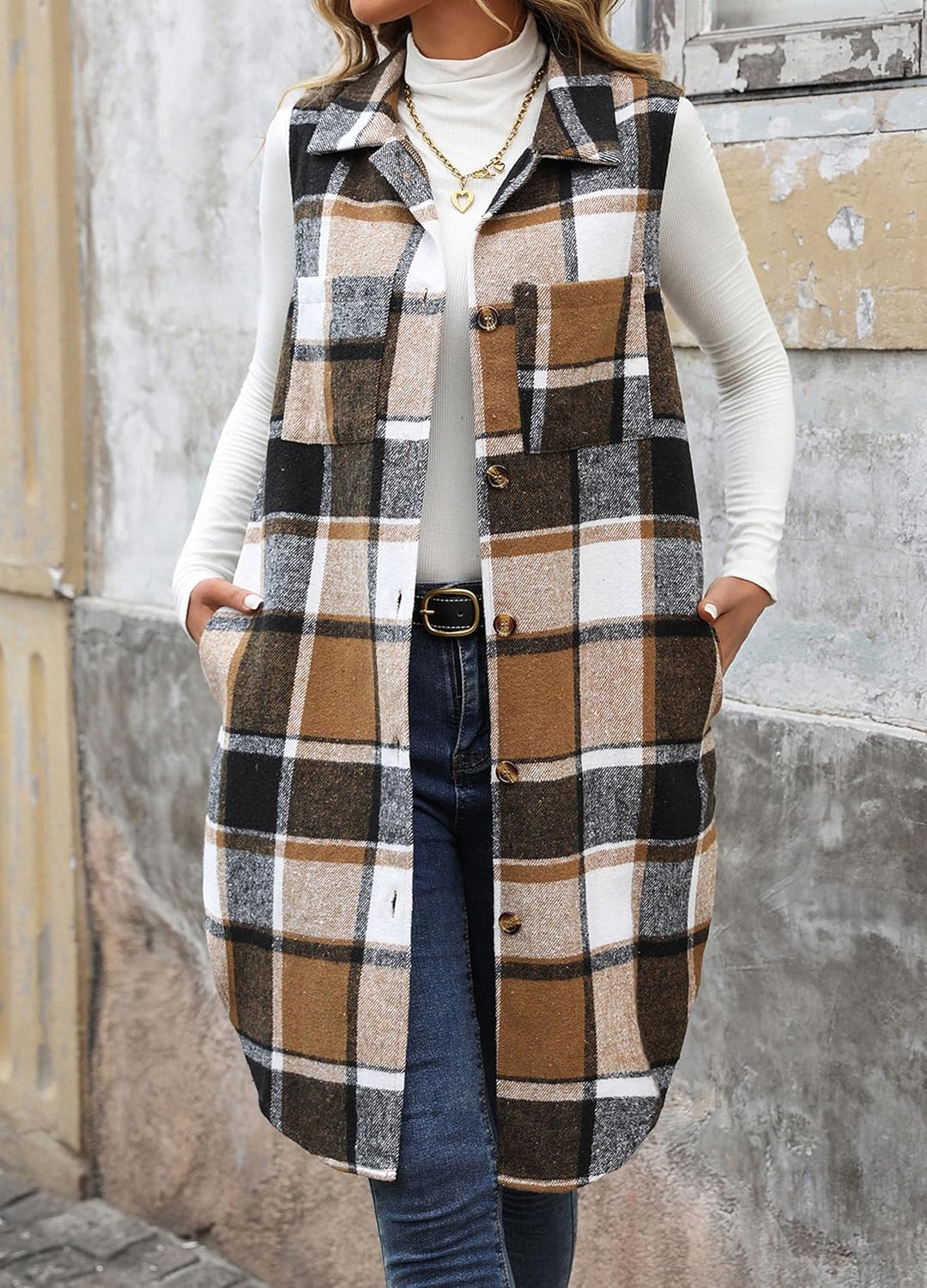 ZILIN Long Flannel Plaid Vest for Women Button Down Sleeveless Shacket Shirt Jacket with Pockets - Image 2