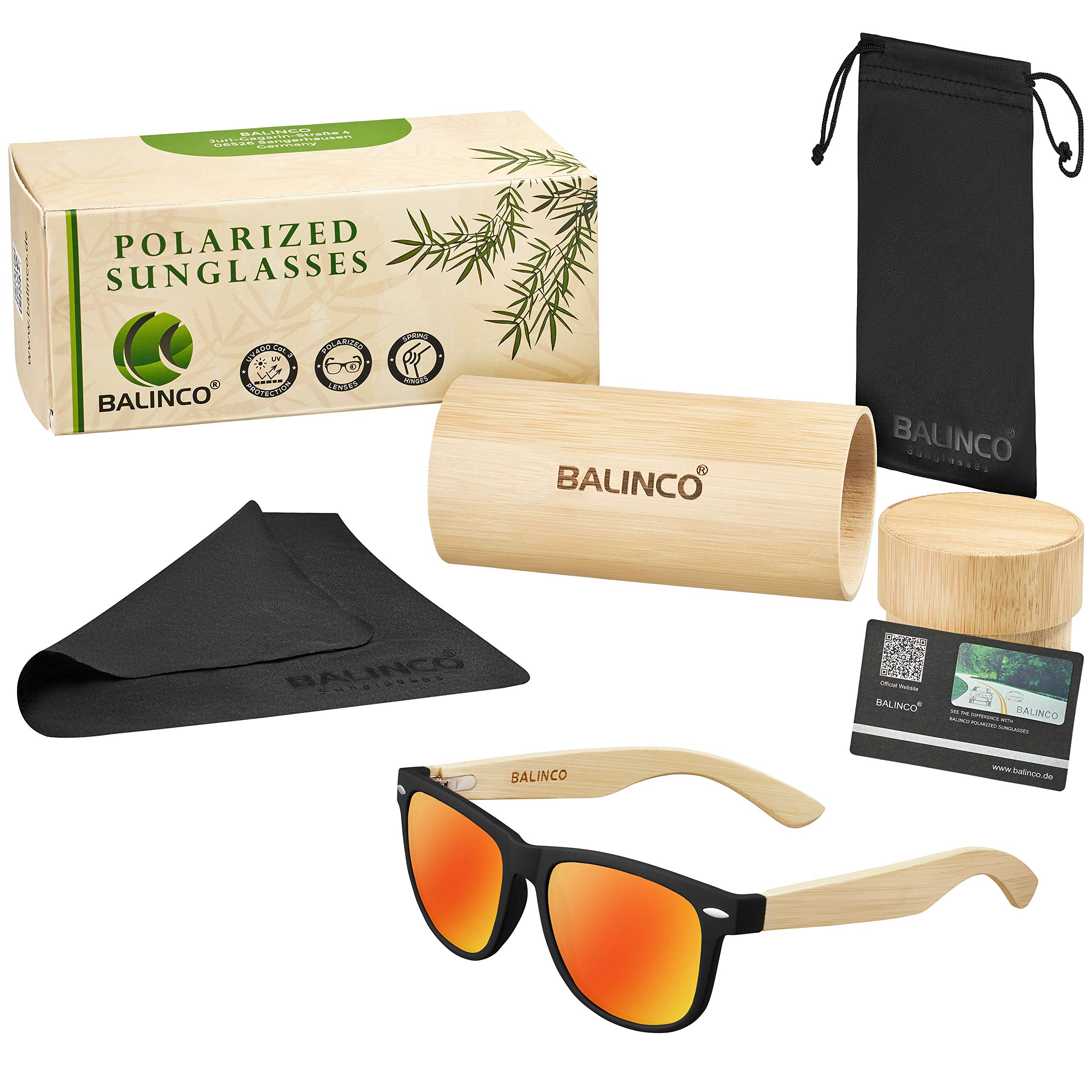 Balinco Set de lunettes de soleil en bambou pour hommes et femmes - avec lentilles polarisées TAC pour une vision intense - durable & durable - incl. une boîte cadeau pratique