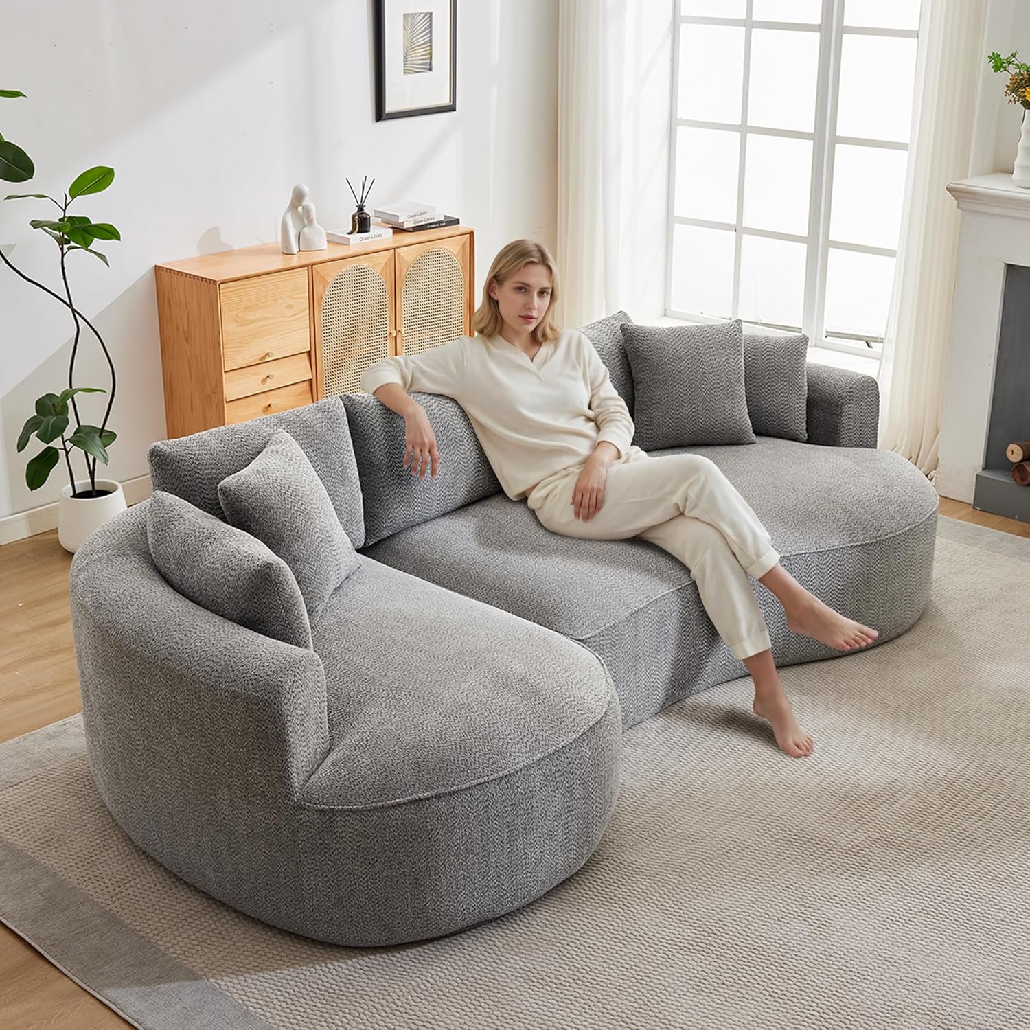Opiesit 124" Oversized Boneless Couches for Living Room, Sectional Curved Sofa with 7 Pillows, L-Shape Boneless Couch with Deep Seat, High-Density Memory Foam, No Assembly Required, Chenille (Grey)