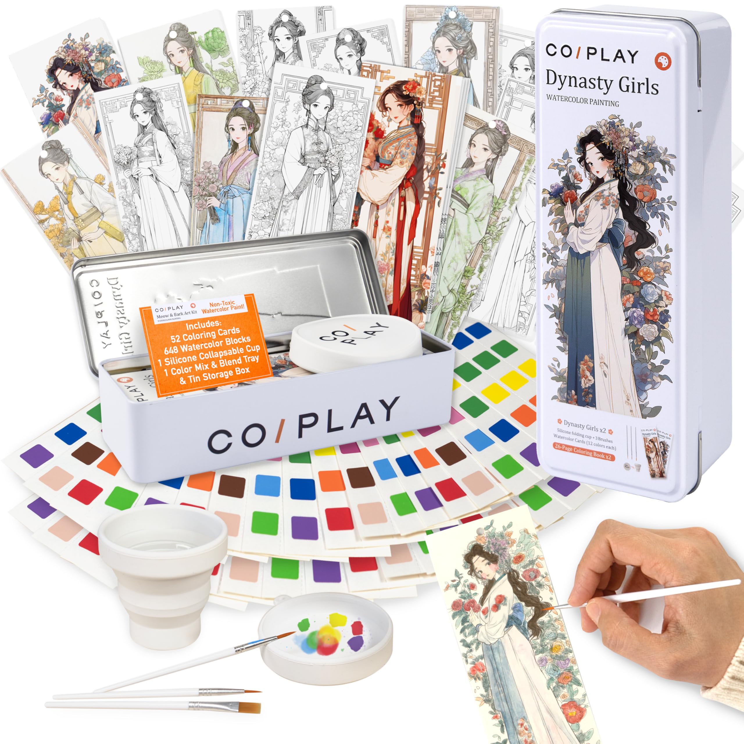 COIPLAY 648 Color Blocks Watercolor Paint Set, 52-Bookmarks, 3 Brushes, Silicone Cup, Dynasty Girls Coloring Books, for All Ages, Travel-Friendly,