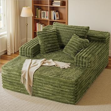 67"L Oversized Boneless Chaise Lounge Chair Indoor, Comfy Corduroy Upholstered Reading Chair for Adults, Deep Seat Sleeper Sofa Bed, Fluffy Cozy Cloud Couch for Living Room,Bedroom, No Assembly, Green