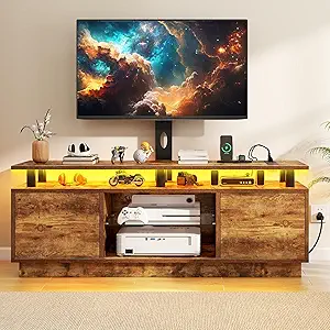 DWVO TV Stands for Living Room, Modern TV Stand for 70/65 inch TV with Mount & Power Outlet, LED Entertainment Center with Storage, Gaming Media Stand, Rustic Brown