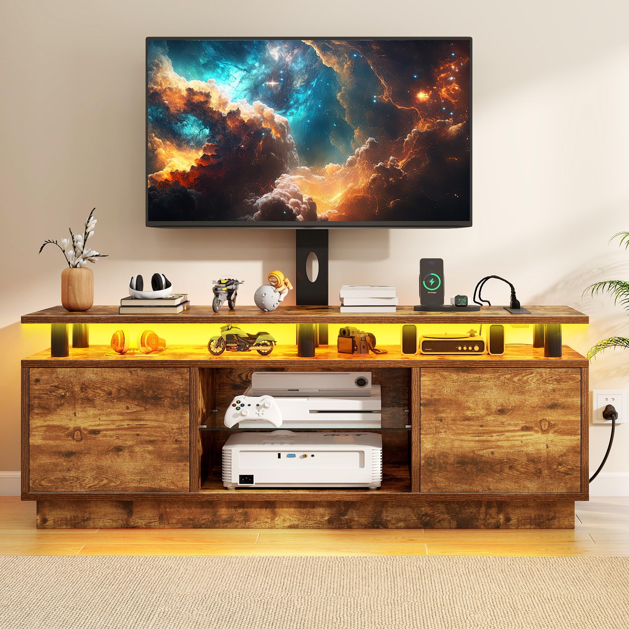 DWVO TV Stands for Living Room, Modern TV Stand for 70/65 inch TV with Mount & Power Outlet, LED Entertainment Center with Storage, Gaming Media Stand, Rustic Brown