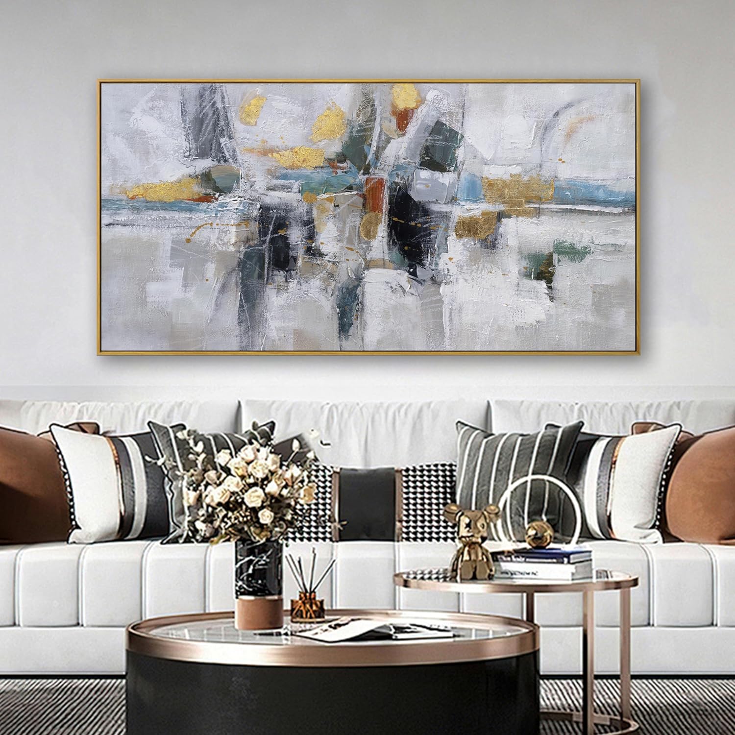 Teal Gold Wall Art Abstract Painting Wall Decor Living Room Modern 24"X 48" Framed Canvas Wall Art Office Decor Black Wall Art Canvas Prints Artwork For Bathroom Kitchen Colorful Wall Decoration - Image 6