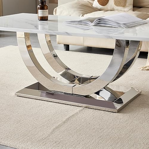Miniatura 8 de Mesa auxiliar moderna de 50.4 pulgadas, mesa central de mármol sintético blanco con base de acero inoxidable en forma de U plateada, mesa de cóctel