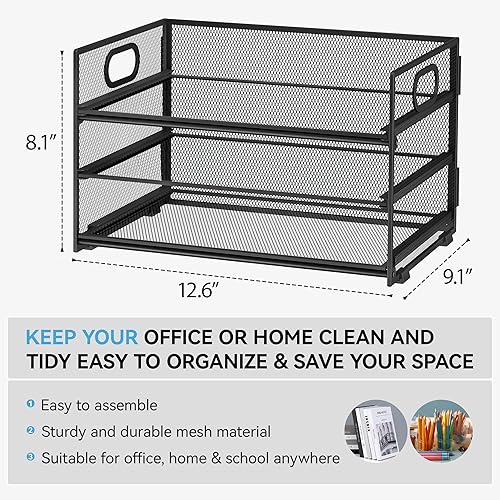 Miniatura 2 de Subekyu Bandeja organizadora de cartas de papel de 3 niveles para escritorio, organizador de carpetas de archivos de malla de metal negro con asa y