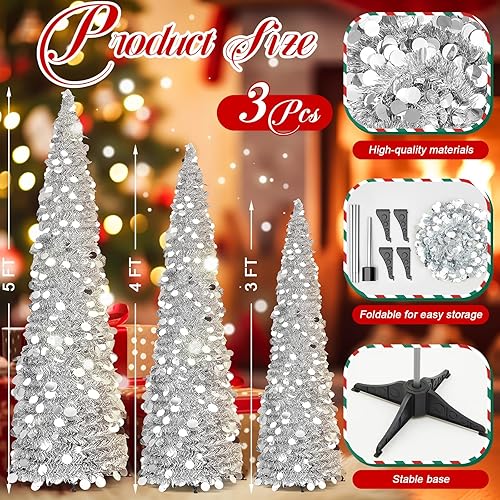Miniatura 9 de Leyndo 3 piezas de árbol de Navidad artificial plegable plateado de 3, 4, 5 pies, lápiz, árbol de Navidad, oropel delgado árbol de Navidad para el