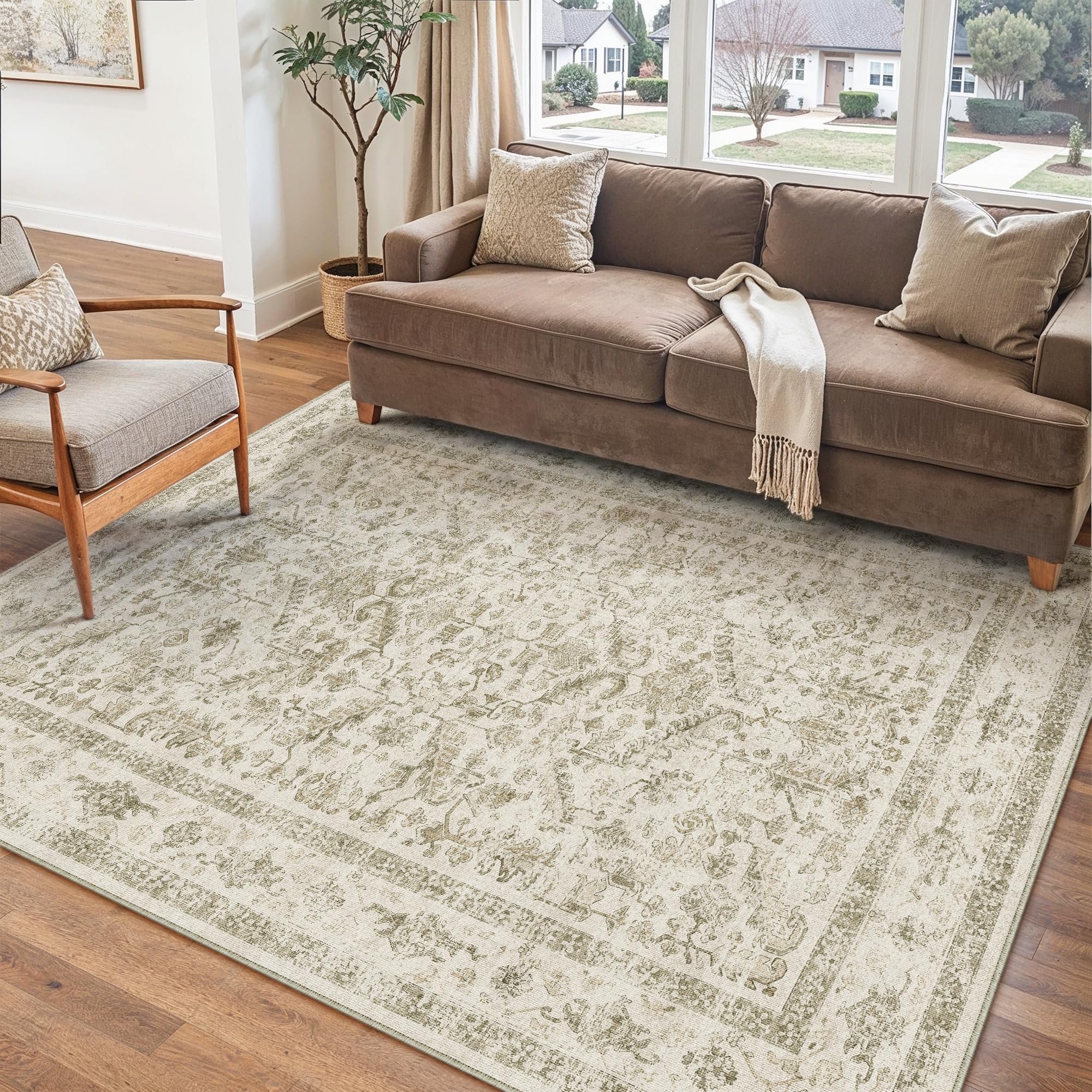 PureCozy Vintage Beige Teppich Wohnzimmer 120x170cm Schlafzimmer Wohnzimmerteppich Boho Waschbarer Carpet Weich rutschfest Teppiche Esszimmer Büro Kurzflor Groß Tepich