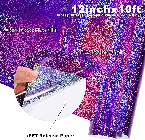 Miniatura 4 de GIRAFVINYL Vinilo holográfico permanente morado, vinilo permanente morado, vinilo morado con purpurina de 12 x 10 pies para manualidades, letreros,