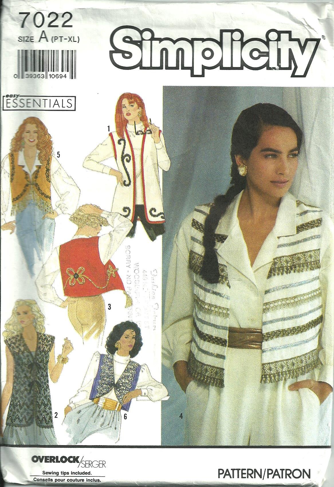 Gilets pour femme à coudre soi-même : patron Simplicity 7022 tailles 34-52
