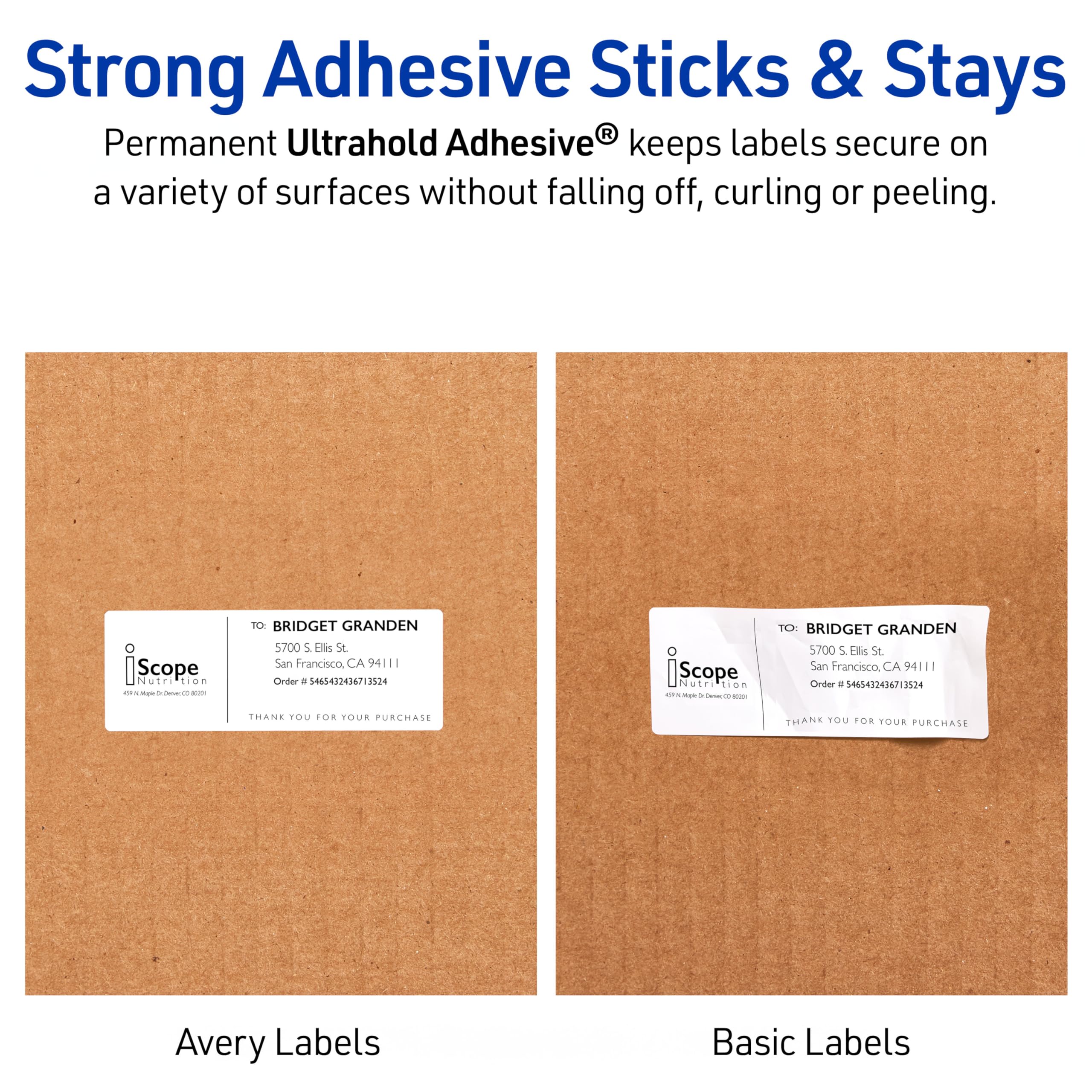 Avery Etichette adesive impermeabili per stampanti, etichette per spedizioni da 2,5 x 6,5 cm, adesivo permanente Ultrahold, stampanti laser, 7.500 fogli di etichette per indirizzi Avery stampabili