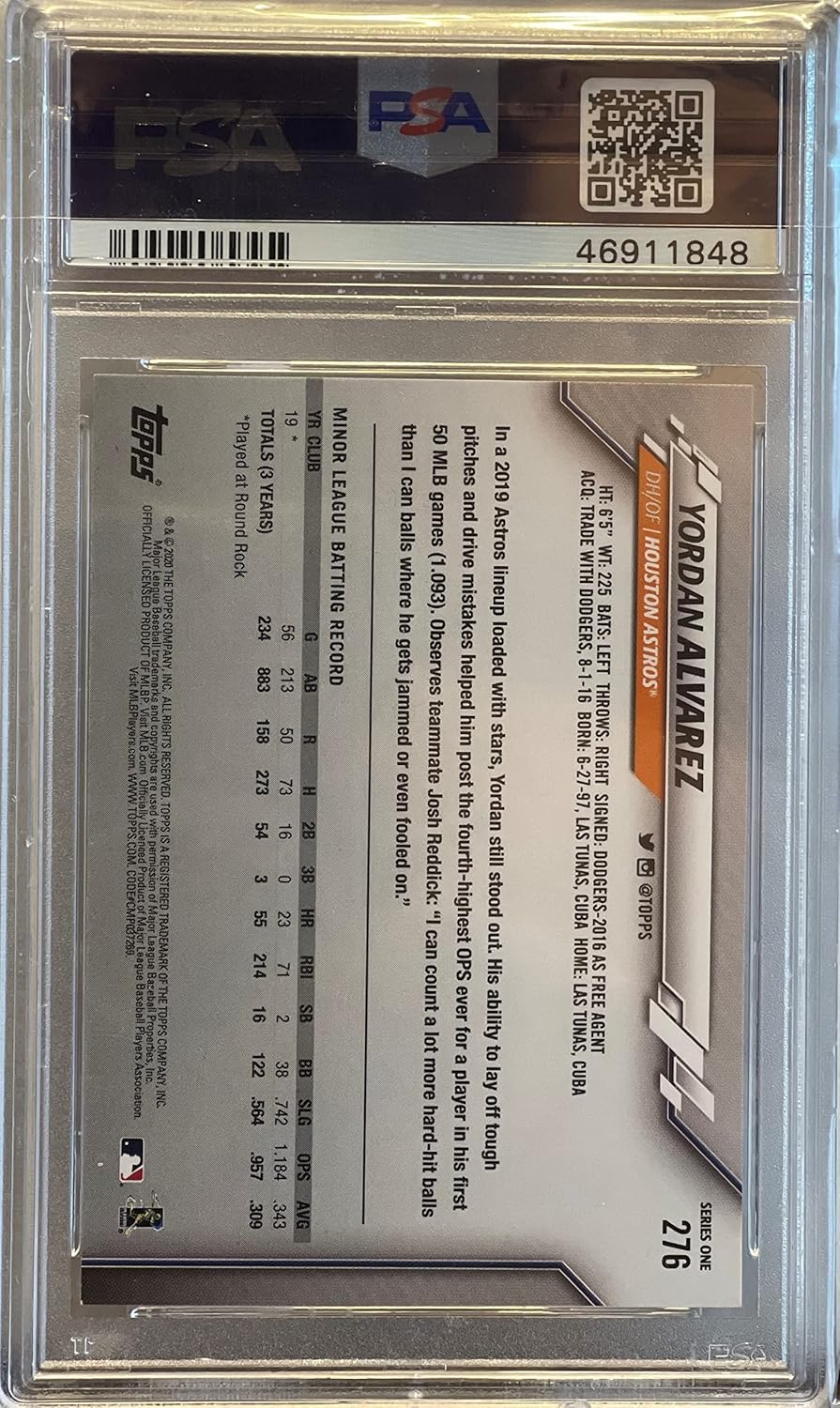 Yordan Alvarez PSA 9 Mint Graded Rookie Card & Topps All -Star Rookie Collectible Baseball Card - 2020 Topps Baseball Card #276 (Astros) Free Shipping