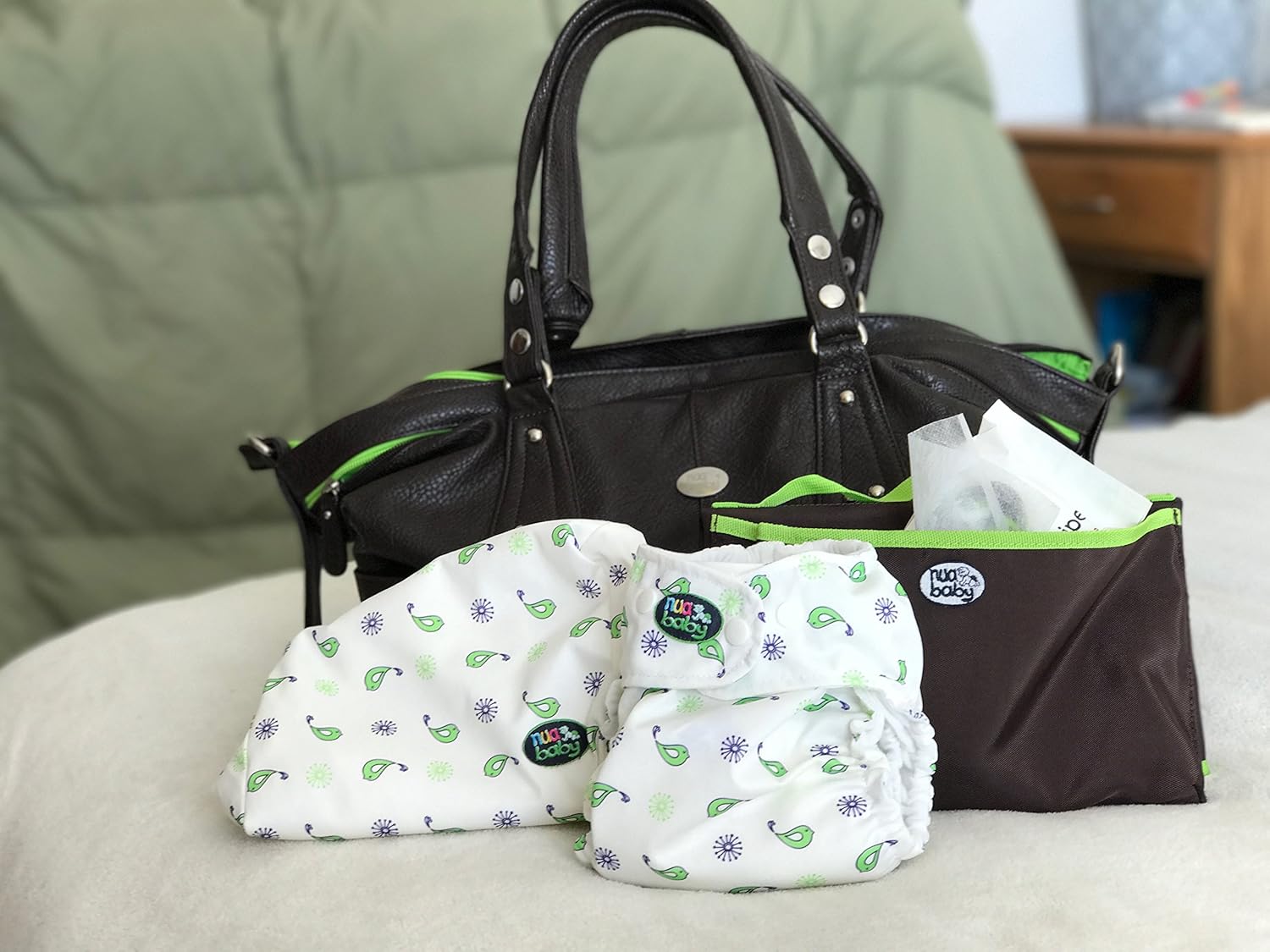 Best Cloth Diaper Wet Bag by nuababy-DOUBLE waterproof layer to prevent leaks-machine washable-keeps smells in-easy zipper close-use for diapers, soiled clothing or as swim bag (Large, Green Tweet)