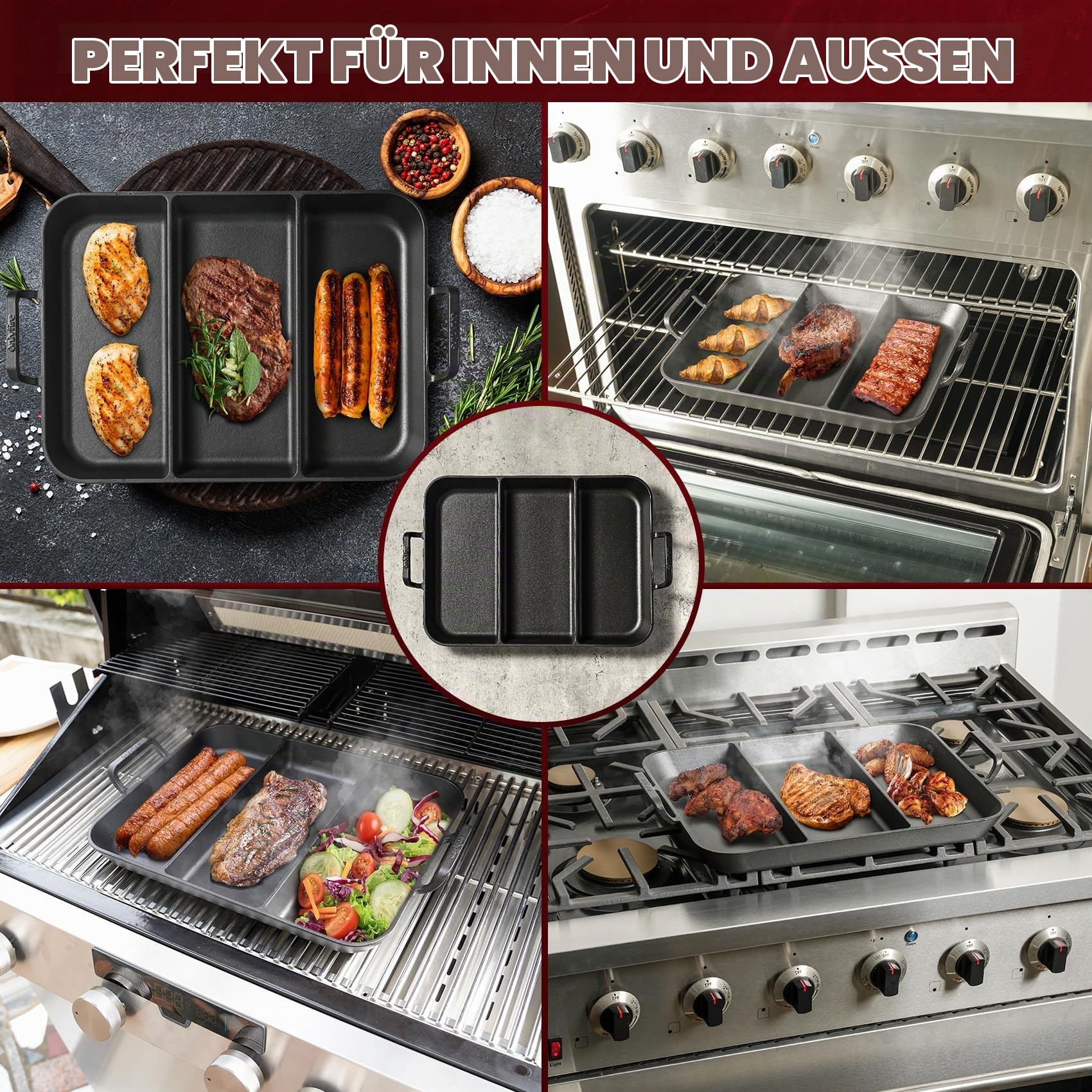 Onlyfire Gusseisenpfanne mit Griff, Gusseisen Grillplatte mit 3 Grillzonen, rechteckige Grillpfanne zum Kochen von Gemüse, Speck, Würstchen, Steak, Brot backen, Geeignet für Grill, Backofen, Herd