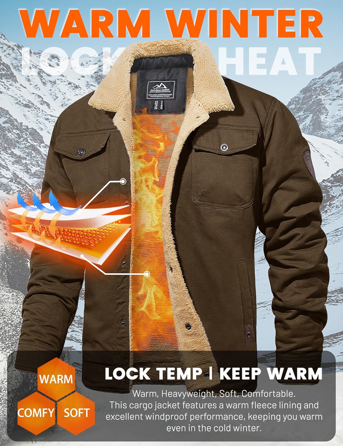 MAGCOMSEN Men's Winter Jacket Lined Sherpa Jacket Warm Trucker Coat Multi Pocket - Image 3