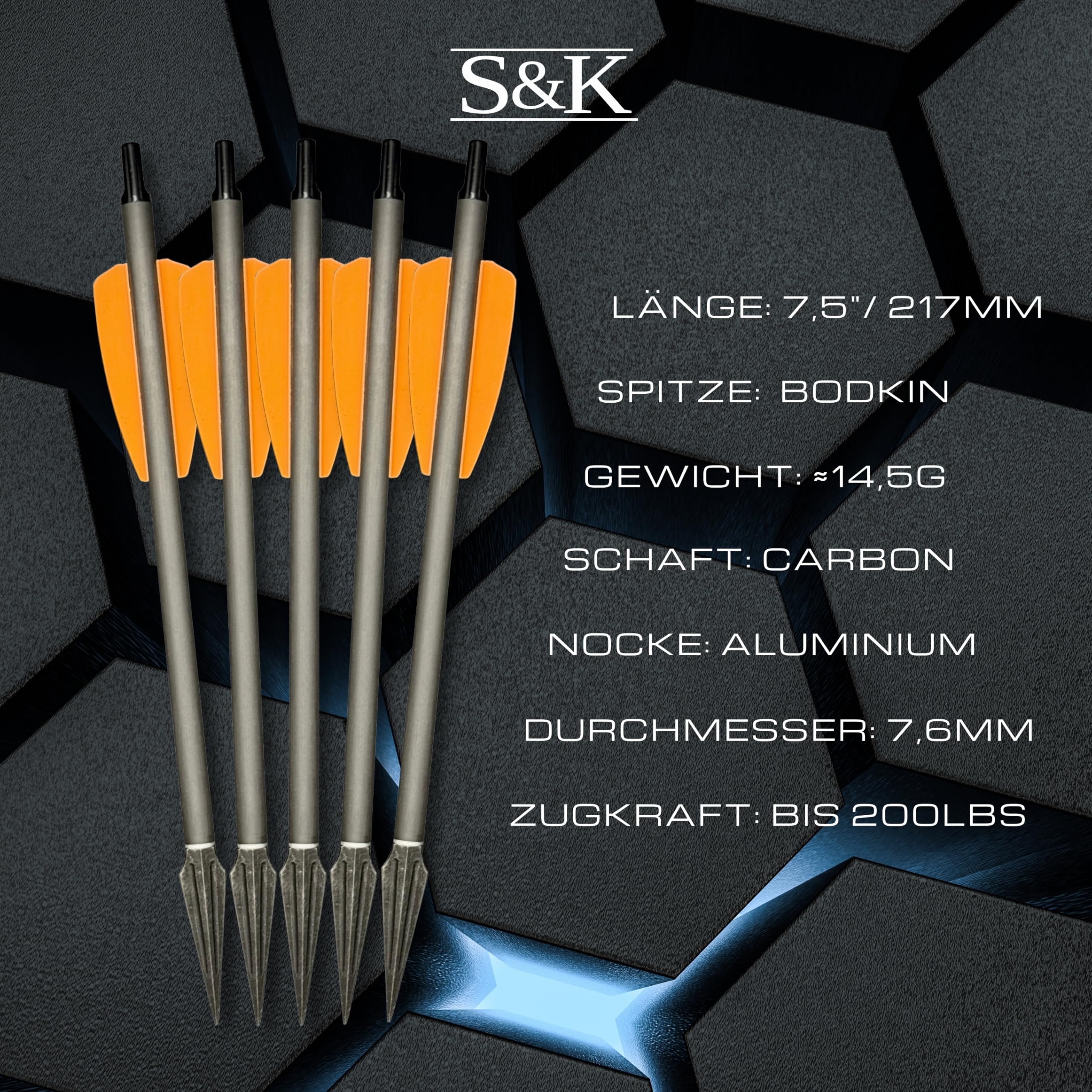 S&K - 5X Carbon Bodkinpfeile sehr stark, Alunocken, 7,5" für Cobra Adder, R9, RX, R10 – Made in Germany – Hochpräzise Armbrustbolzen mit Jagdbodkin & Aluminium-Nocke – 14,5g