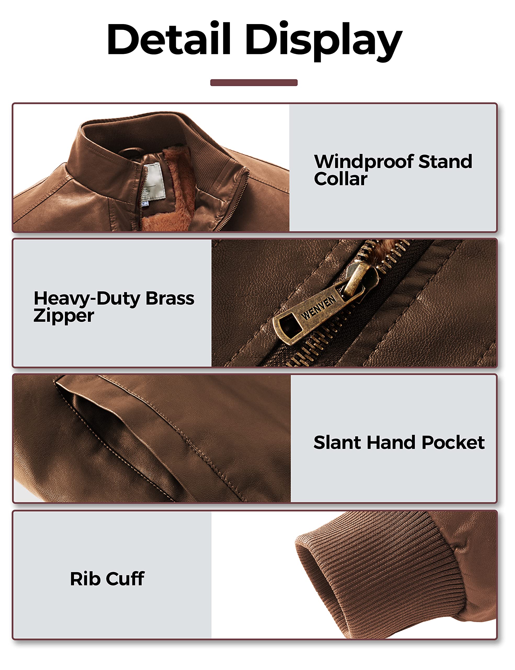 WenVen Mens Stand Collar Fleece Lined Faux Leather Jacket Warm Winter Coat | Bomber Outerwear product thumbnail 7