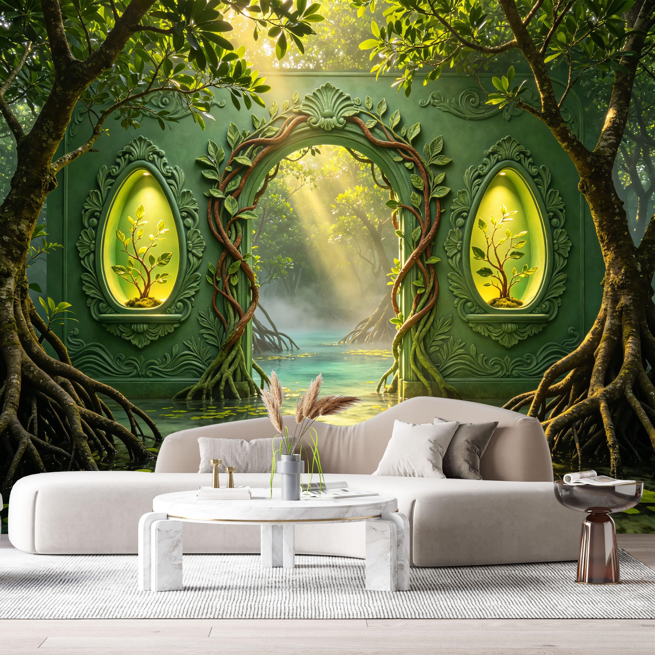Custom Size Wall Murals Bioluminescent Forest Archway Enchanted Swamp 3D Trompe L'Oeil SelfAdhesiveWall Fabric Removable Wallpaper Wall Decor for Living Room Bedroom Bathroom