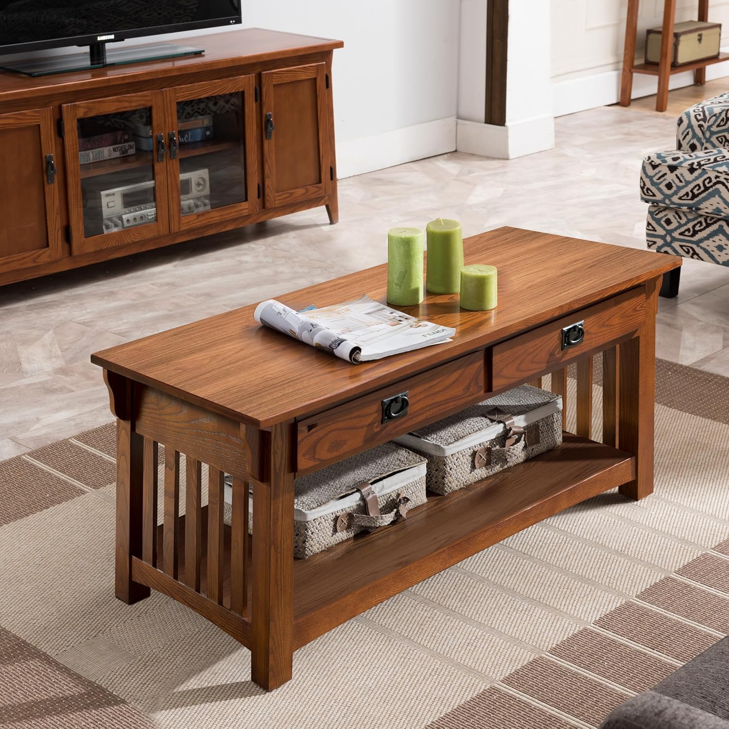 Leick Home Mission Impeccable Coffee Table, Solid Wood with 2 Drawers & Shelf, Medium Oak Finish, Blackened Hardware, Slatted Sides, Easy Assembly, 48 in W x 24 in D x 19 in H, 8204