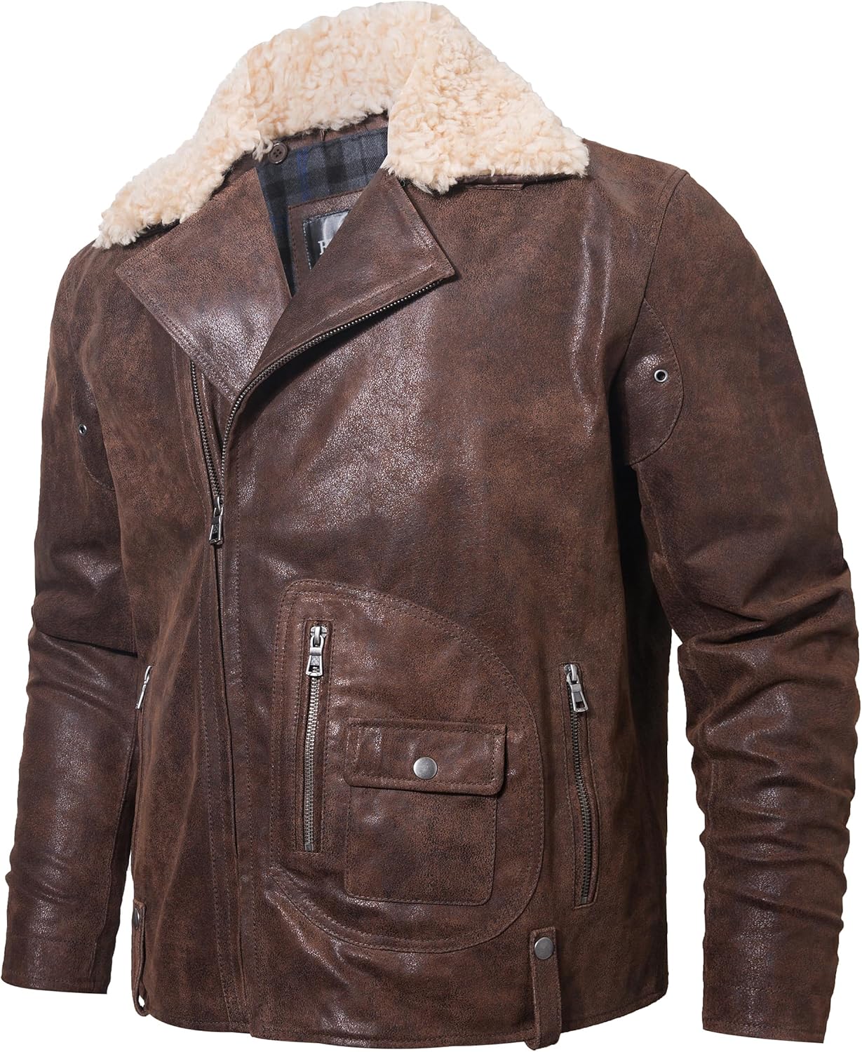 FLAVOR Men Leather Motorcycle Jacket Lapel Biker Jacket with Removable Collar