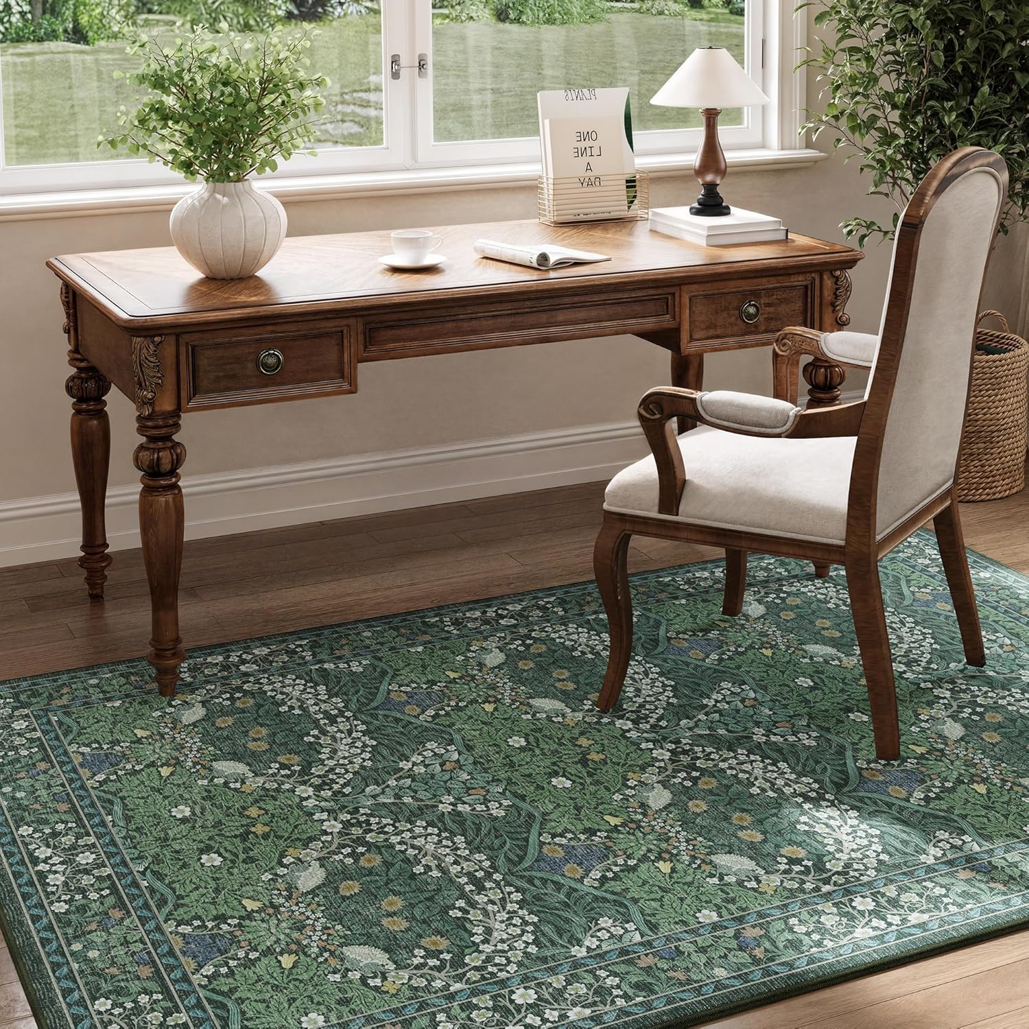 5x7 Washable Dark Green Floral Area Rug for Living Room, Non-Slip Soft Floral Print Vintage Boho Carpet, Forest Green Low Pile Rugs for Bedroom, Dining Room, Indoor Decor