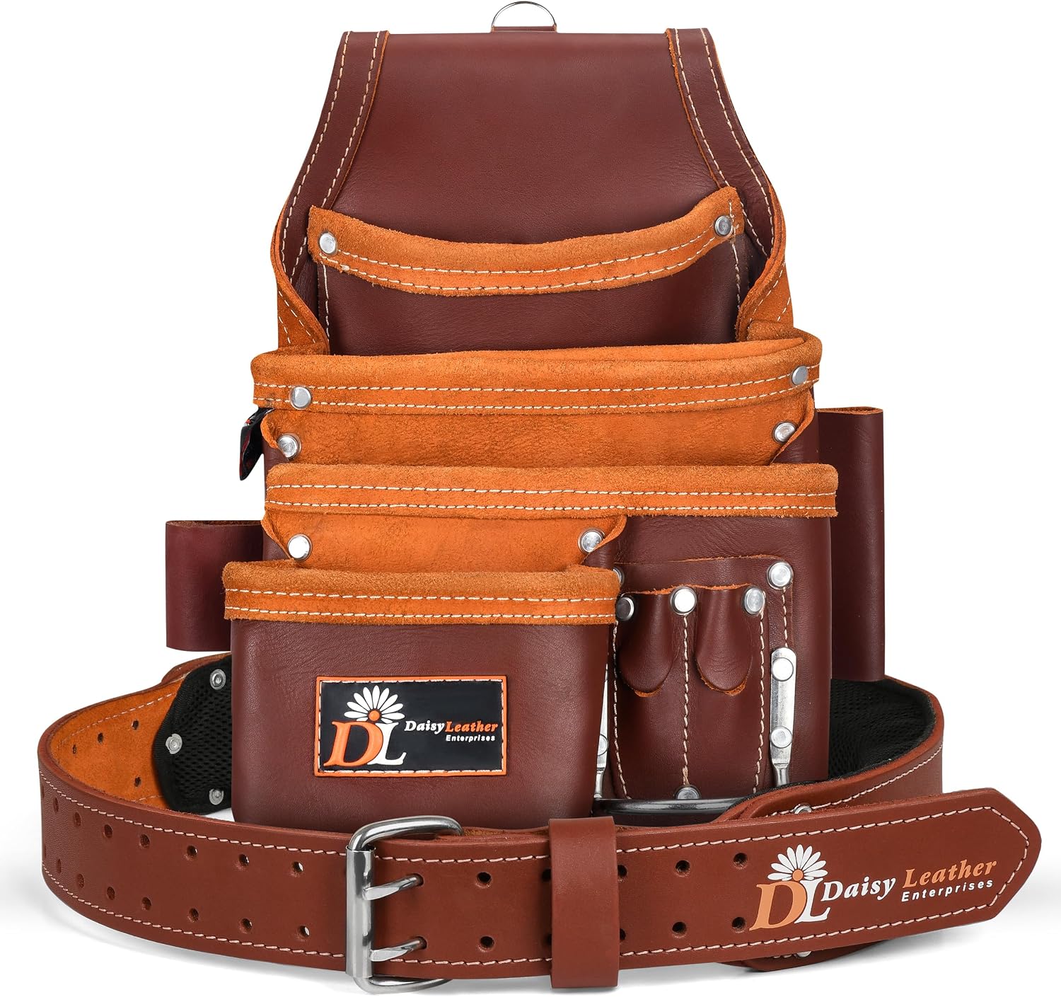 Daisy Leather Tool Bag Pro 505, Premium leather oil tanned 13 Pockets with Speed Square pocket multi-purpose tool organizer with Leather Tool Belt (Cherry)