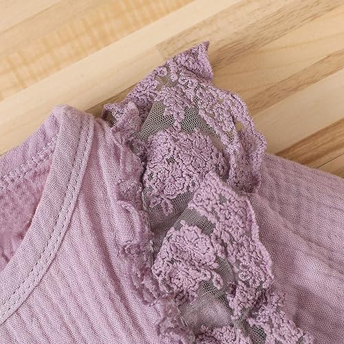 Miniatura 6 de Mono de algodón para bebé, ropa de niña con lazo para niña, un mameluco de encaje de lino para niñas de 0 a 24 meses (morado, 0 a 3 meses)