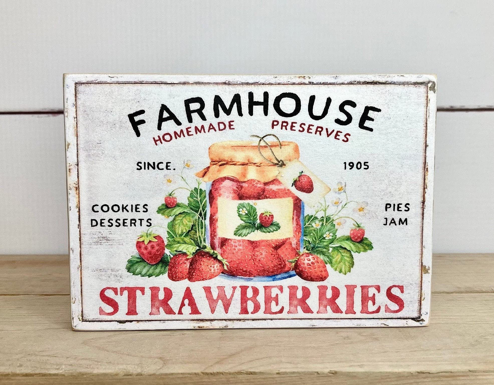 Strawberry Jam Farmhouse Sign, metal tin SignTray Decor, Imitation Wooden board strawberry Imitation wooden sign farm kitchen Art Wall Decor Summertime metal tin sign 6x8 Inch