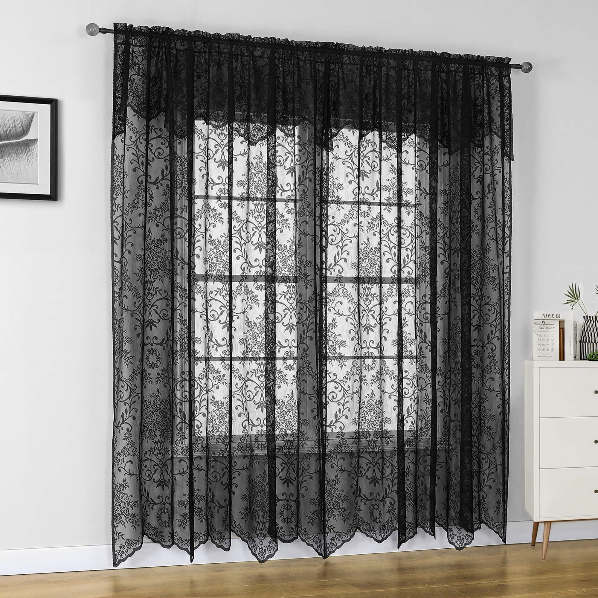 WUBODTI Halloween Black Lace Curtains with Attached Valance 63 Inch Length, Victorian Vintage Black Sheer Curtain Gothic Floral Embroidered Short Curtains for Kitchen Bedroom, 60" W x 63" L