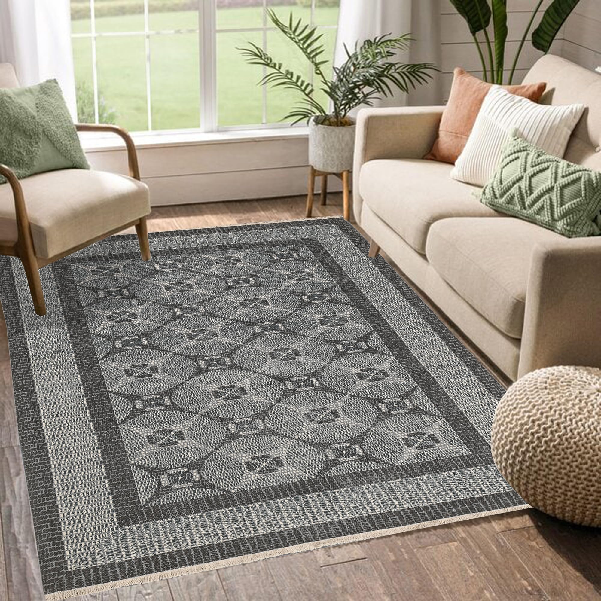 SAMURAI HOME 4x6 ft Area Rug/Dhurrie/Floor Carpet, Cotton Handmade Indoor Non-Slip Floor Rugs for Living Room Bedroom, Hall, Office, Farmhouse, Outdoor