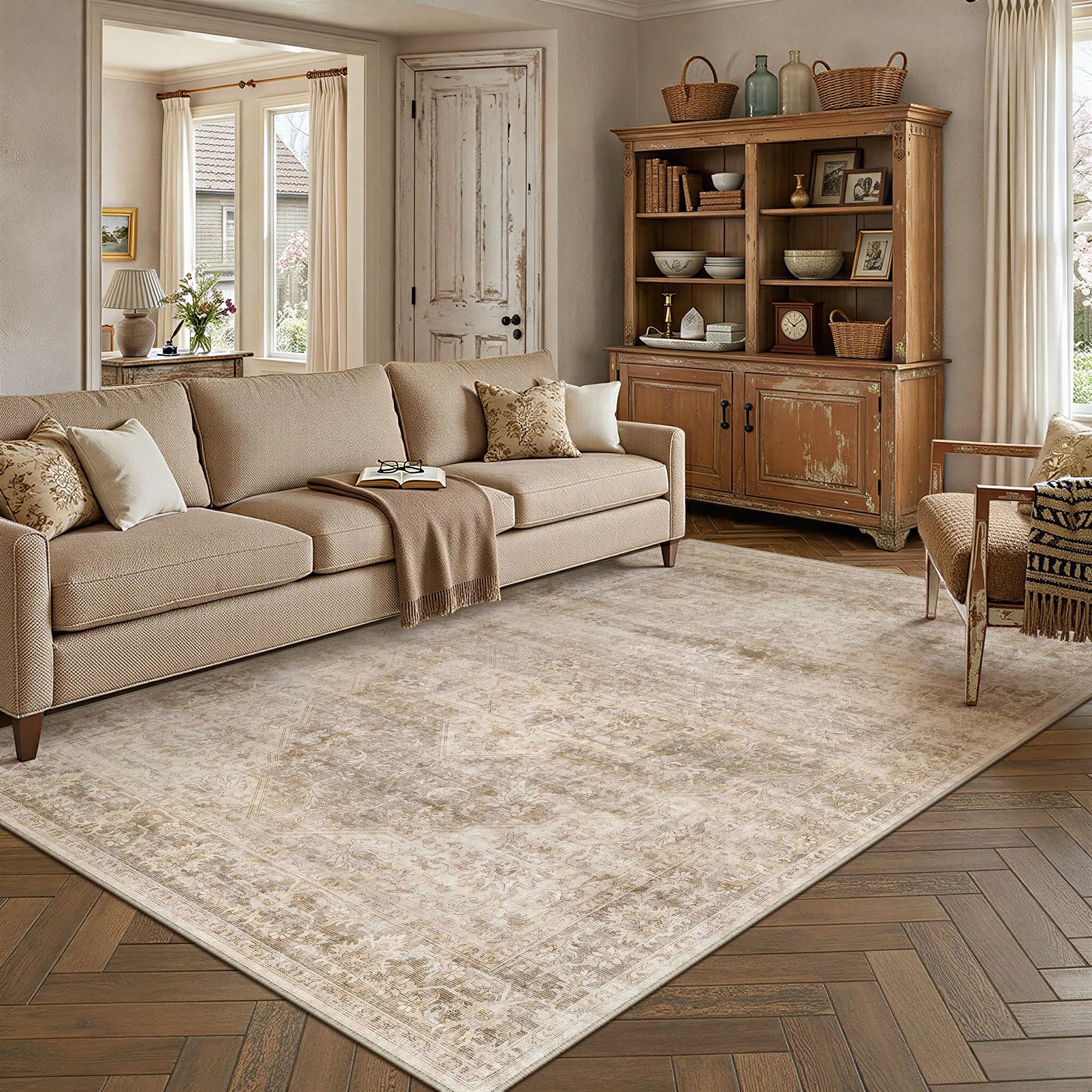 6x9 Beige Farmhouse Area Rug