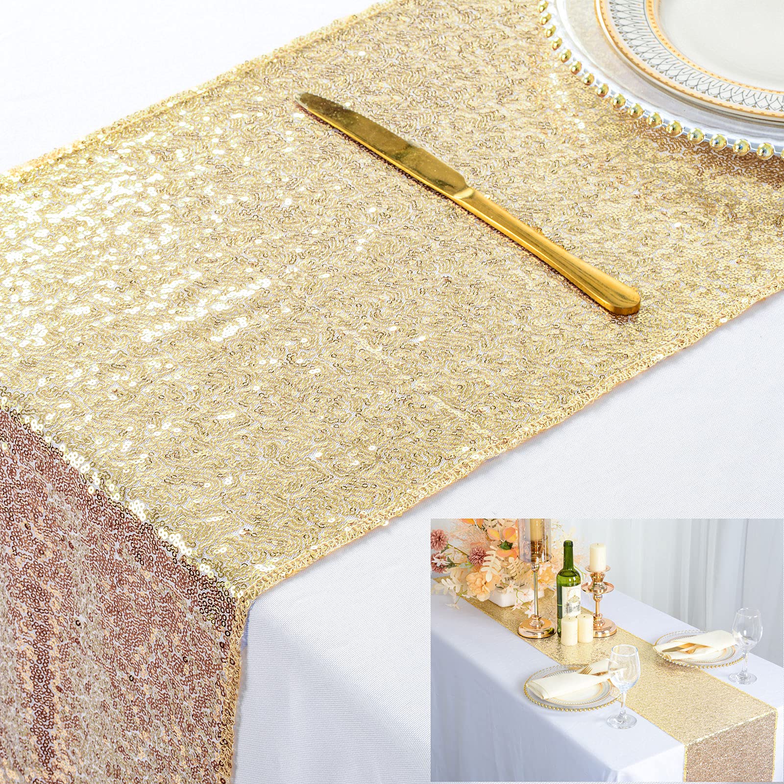 ShinyBeauty 12" x 108" Light Gold Sequin Table Runner | Elegant Dining & Coffee Table Decor | Perfect for Christmas, Weddings, and Parties | Durable & Sparkly Linen Table Runner