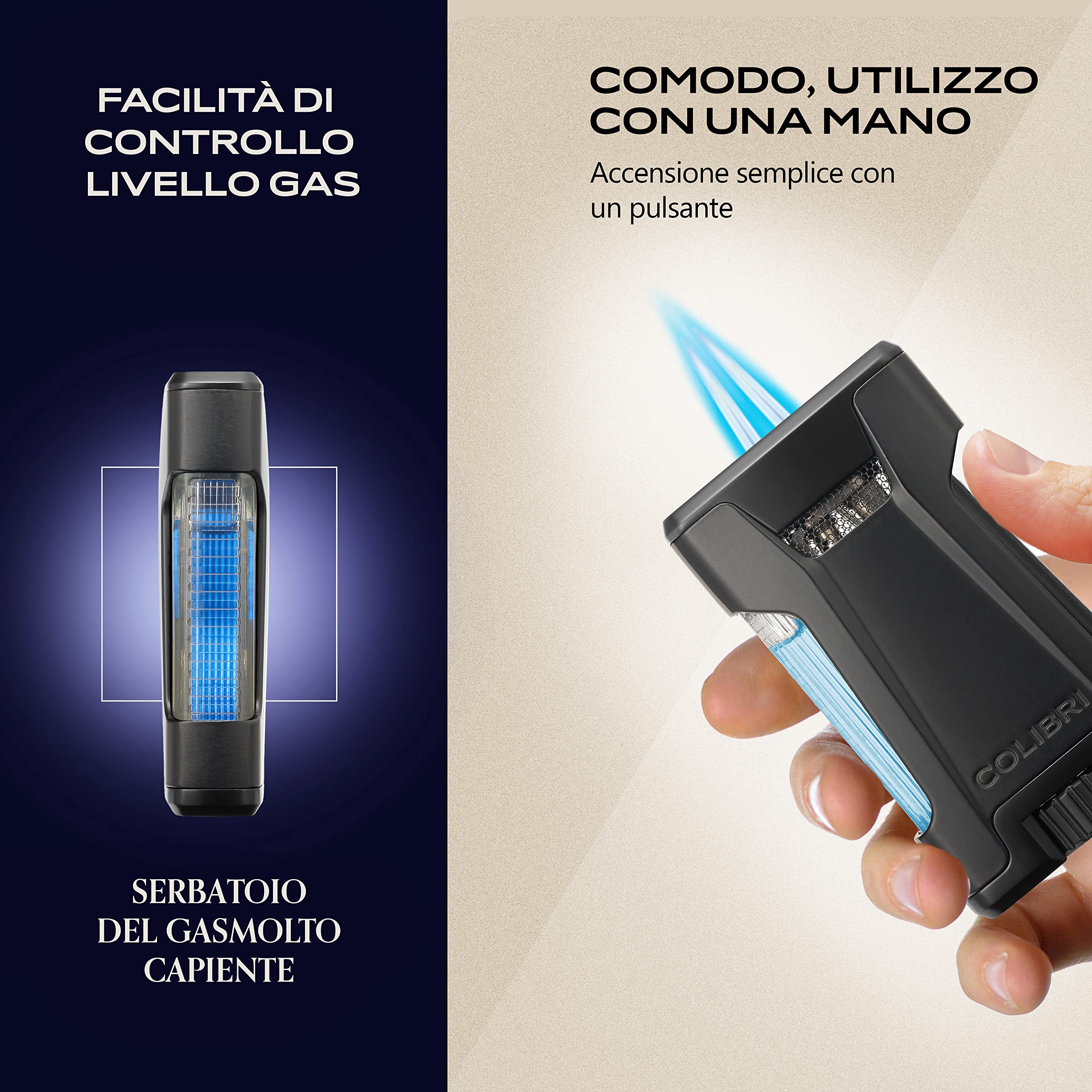 Accendino Colibri Boss Tripla Fiamma Jet - Metallico, Antivento, Ricaricabile A Gas Butano, Con Tagliasigari Accendino Metallico Ricaricabile