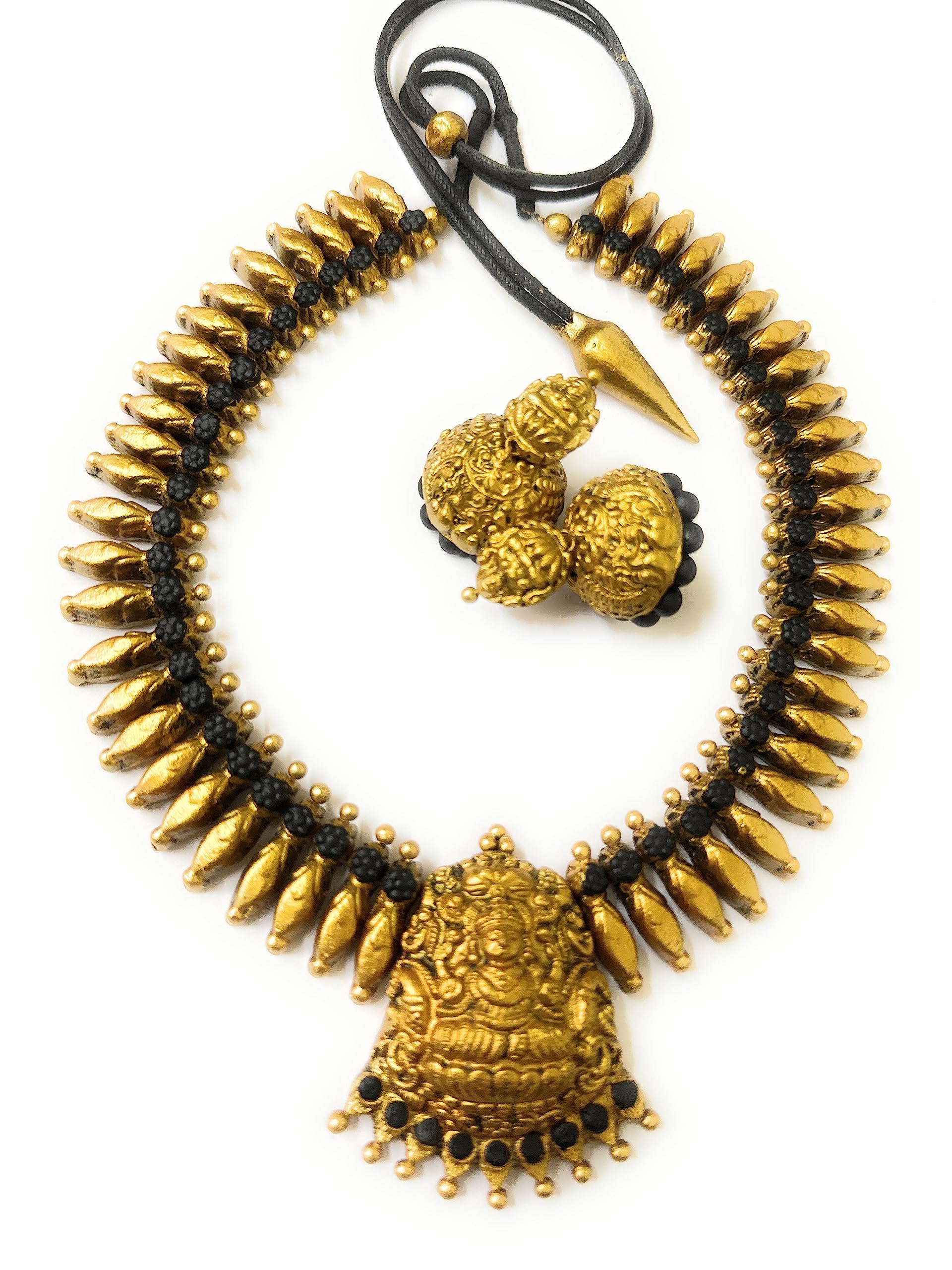 Sanaas Terracotta Jewellery Mini Haram Lakshmi Pendant Bead Set For Womens (Gold With Black) (B0B9KS5D15) Amazon Price History, Amazon Price Tracker