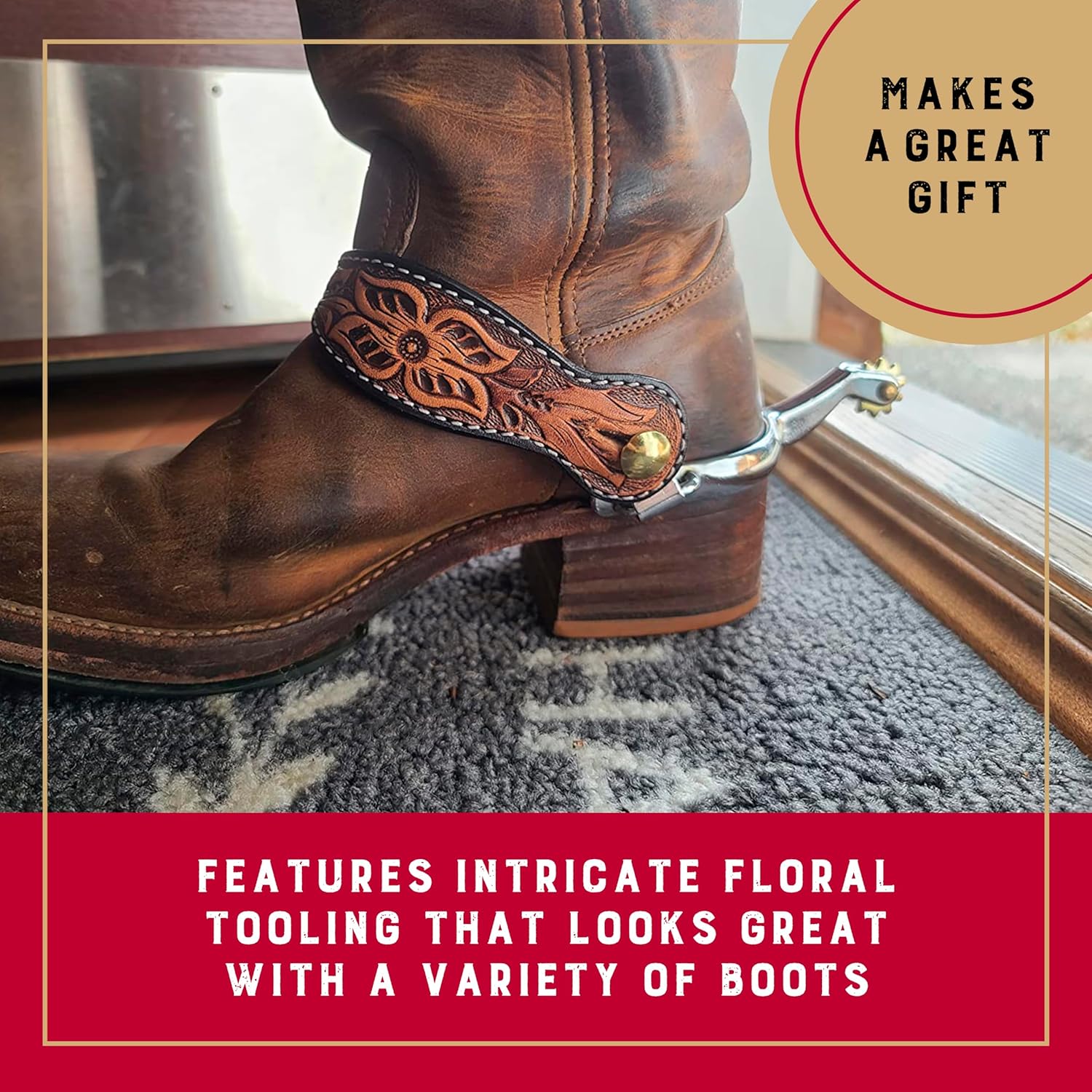 Weaver Equine Ladies Floral Tooled Womens Spur Straps, Genuine Cowhide Boot Straps for Cowboy Boots, Western Spur Straps for Horse Riding, Light Oil