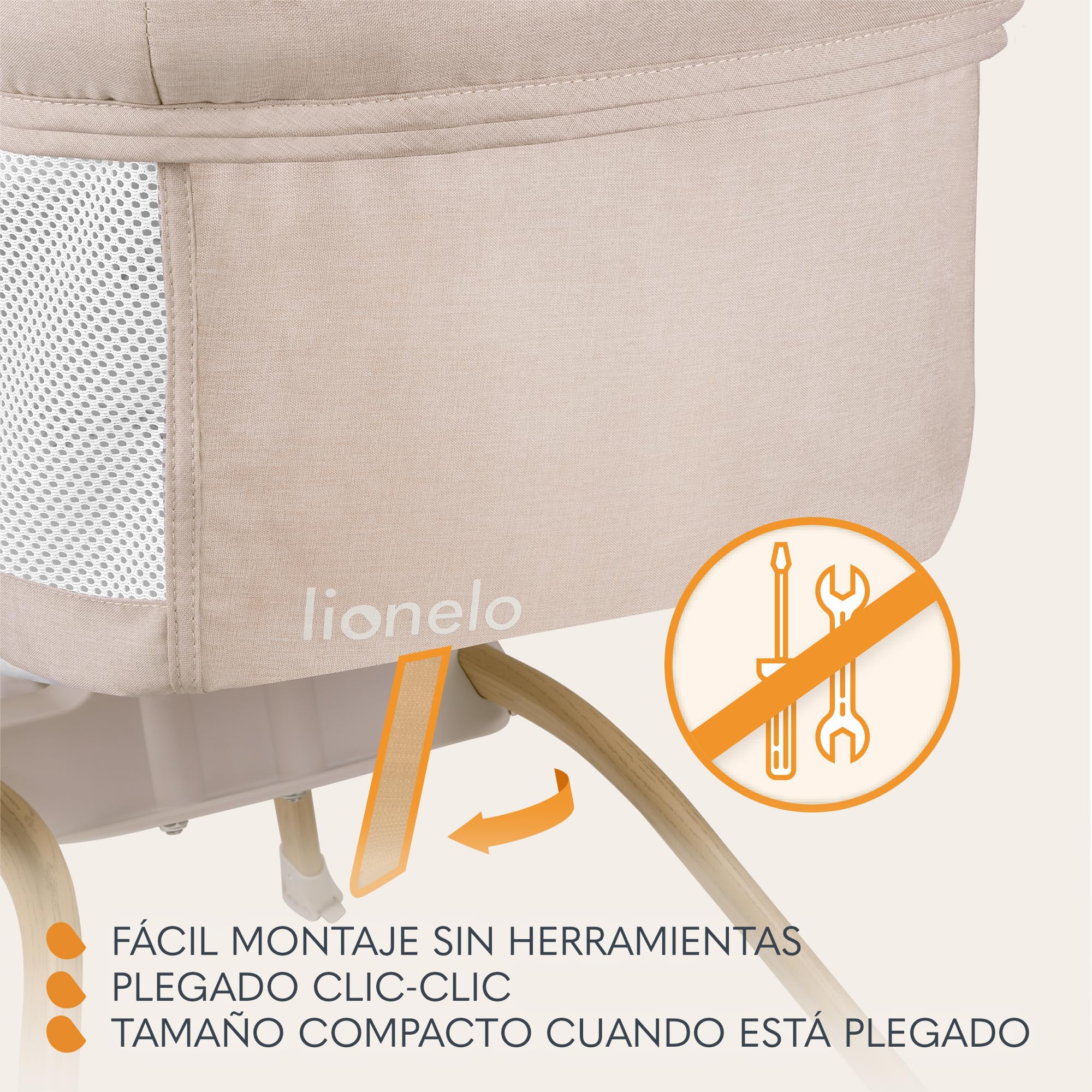 lionelo Malin EVO - Cuna de Viaje para bebé con colchón, de 0 a 9 kg, Dosel con mosquitera, Plegable, Sistema de balancín, reclinable, Montaje rápido (Beige Natural)