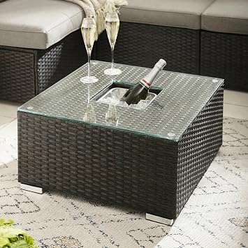Furniturebox UK Outdoor Furniture - Orlando Brown Rattan Garden Coffee Table with Integrated Ice Box   Stylish modern Drinks Cooler Setup Perfect For Patio Deck & Conservatory