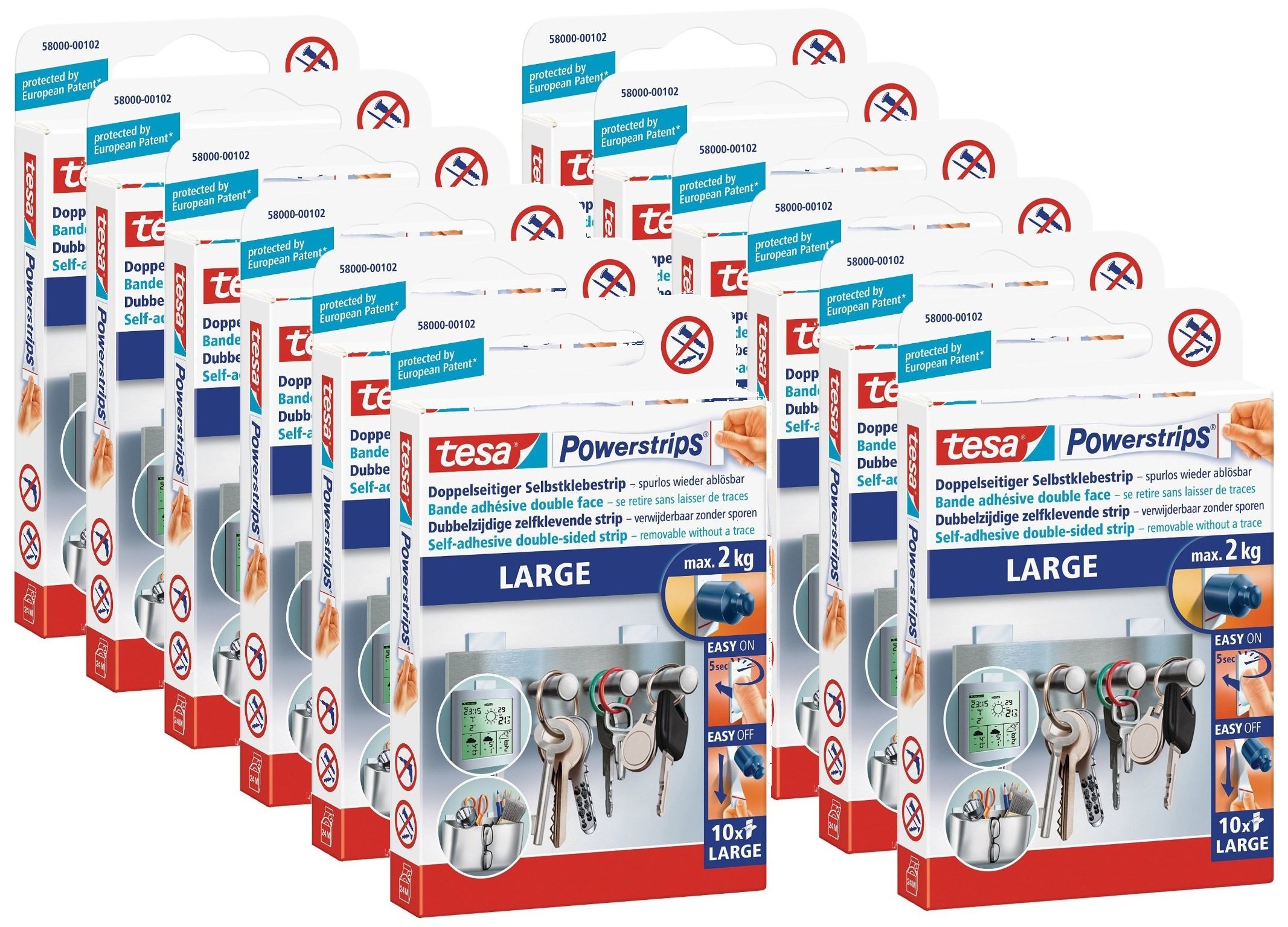 tesa Powerstrips - Tiras adhesivas grandes de doble cara para montaje de objetos en superficies lisas, hasta 2 kg de potencia de sujeción, 12 paquetes