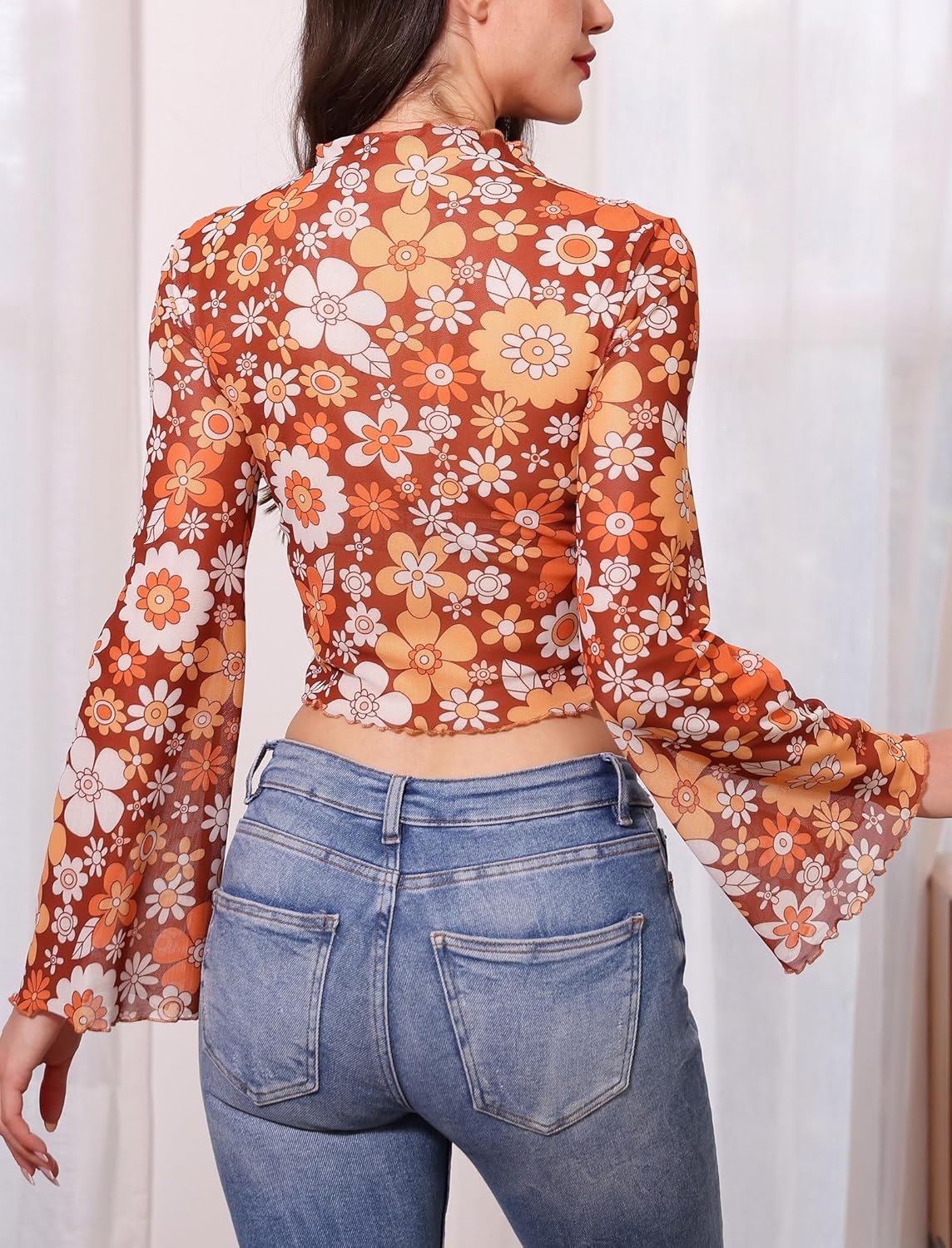 ABAFIP Women's Floral Bell Sleeve Crop Top Ruffle Mock Neck Flowy Flare Sleeve 70s Hippie Sheer Mesh Shirts - Image 2
