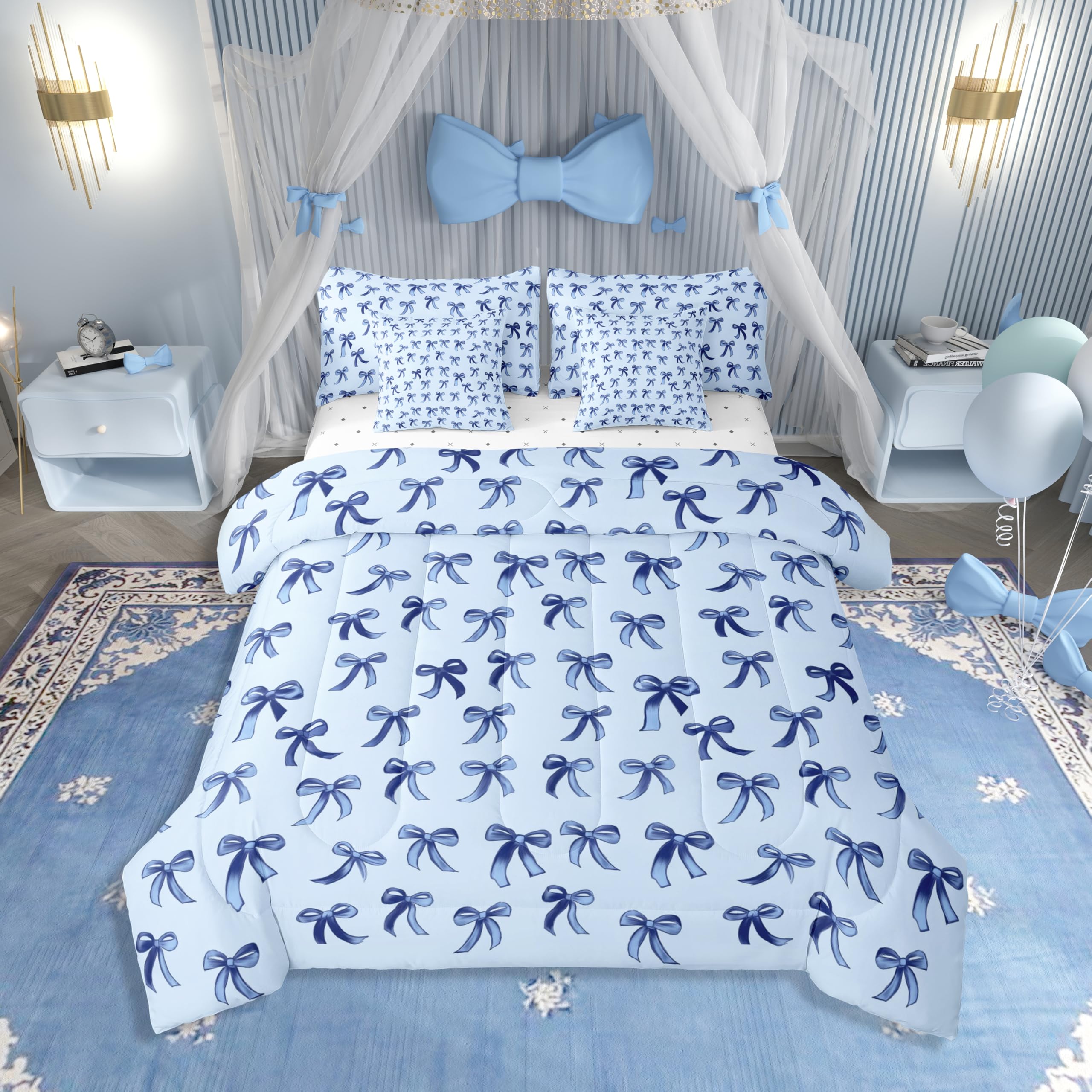 Erosebridal Bowknot Bedding Set Full Size 7 Piece, Kawaii Simple Bows Room Decor Bed in a Bag Bed Set, Cute Cartoon Dreamy Printed Kids Teens Bedding Bed Sets, Baby Blue Ribbon Bed Sheets Set-image-7