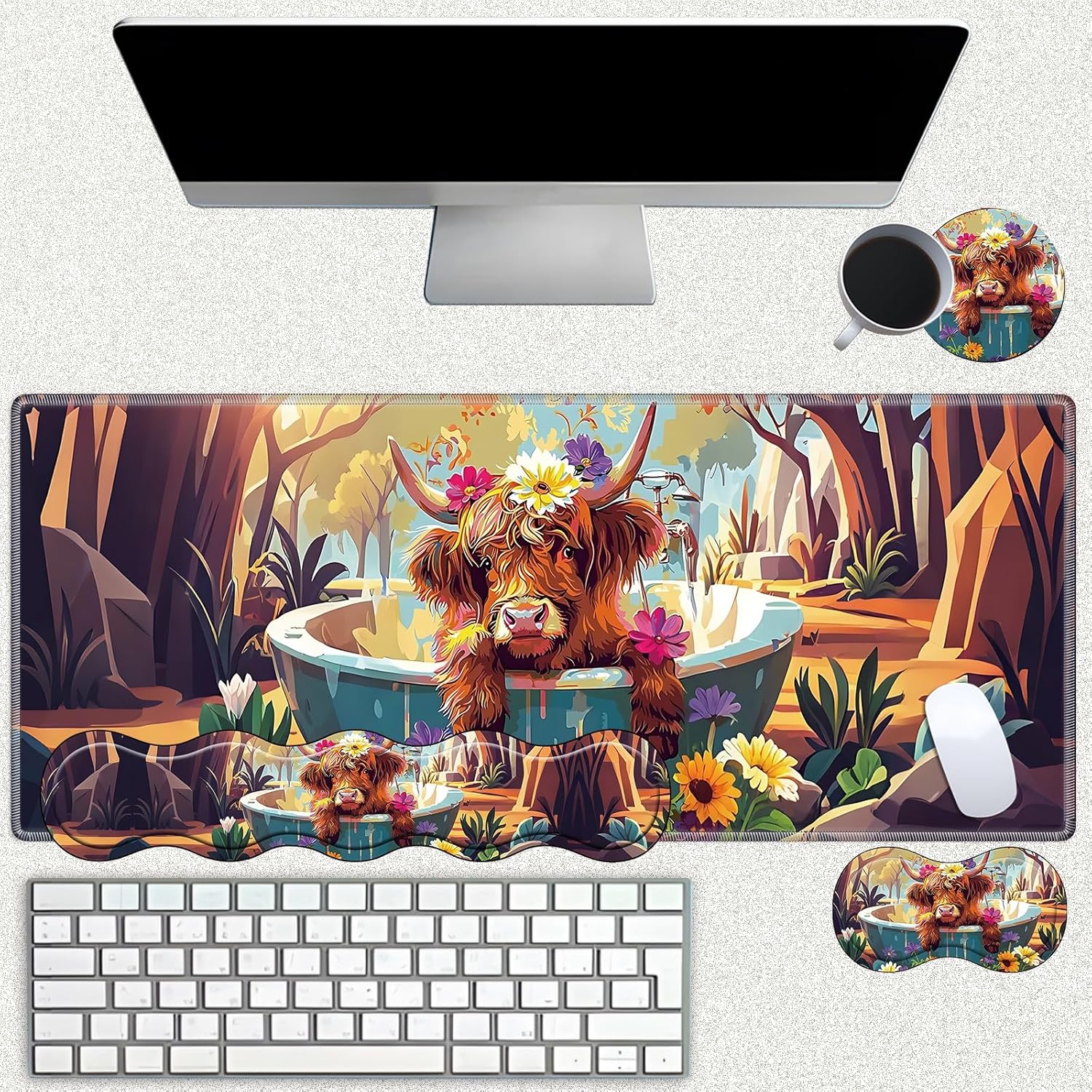 Desk Mat Large Gaming Mouse pad Set 31.5x11.8 inch [4in1Mousepad + Keyboard Wrist Rest+Mouse Wrist Rest+Coaster ] with Ergonomic Desk Pad for Home Office Table Computer - Color Highland Cow Flower