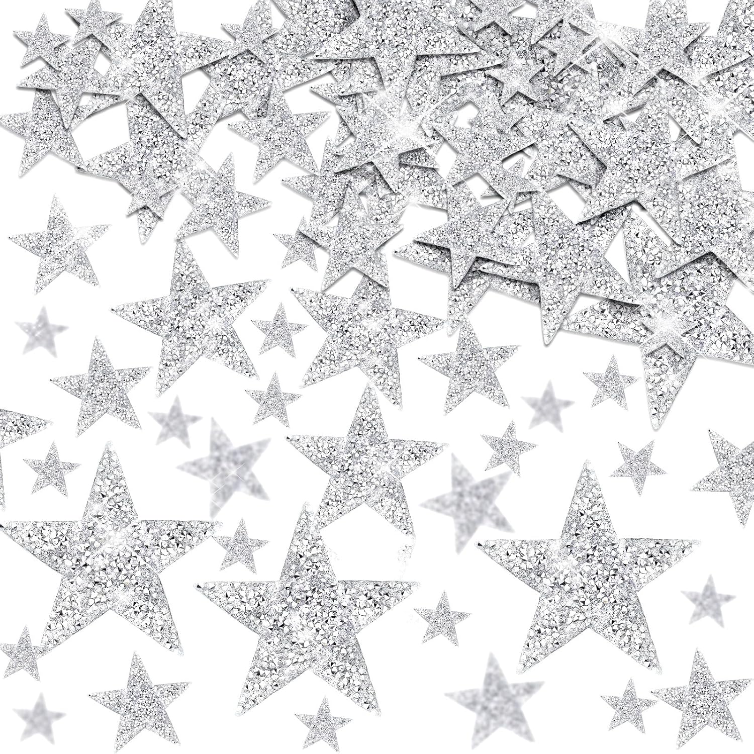 120 Pcs 4 Sizes Star Patches Iron on Rhinestone Adhesive Sequin Glitter Star Patches Appliques Adhesive Glitter Appliques Embellishments for DIY Crafts Clothes Graduation Decor(Silver)